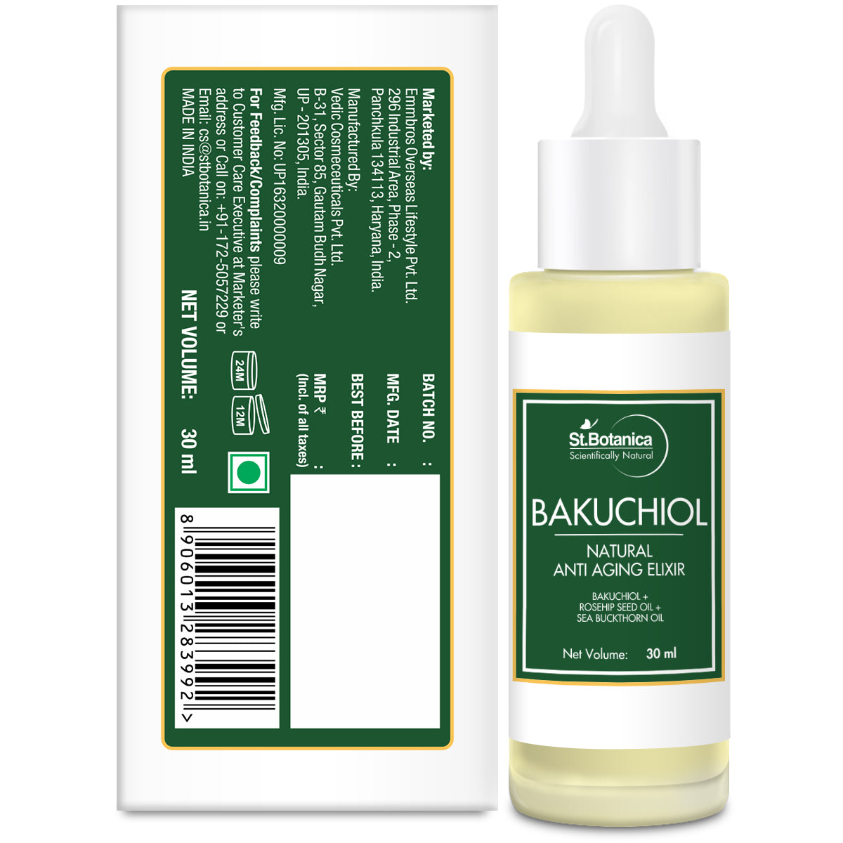 StBotania Bakuchiol Face Oil Natural Anti Aging Elixir With Rosehip Seed Oil, Sea Buckthorn Oil, Marula Oil, 30 ml