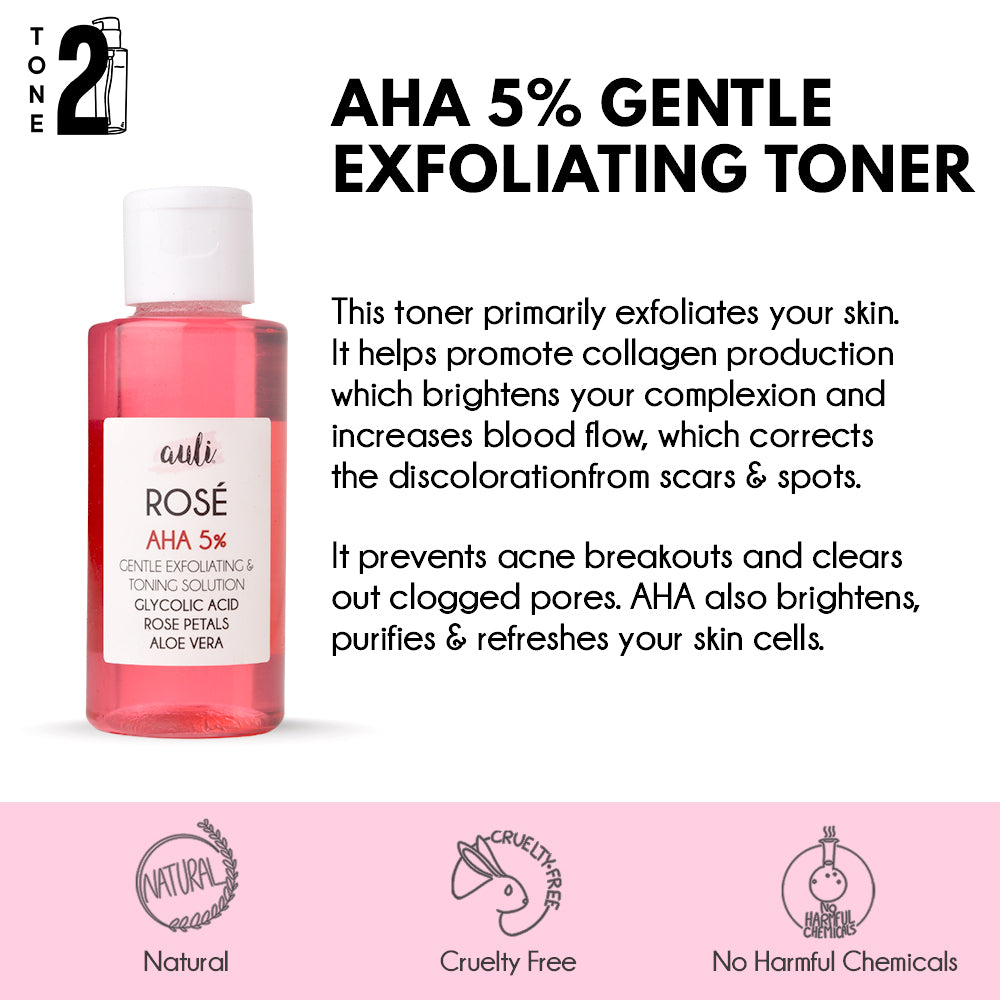 Auli Rose AHA 5% and Rose Water Deep Exfoliating Toner for all skin types, it helps purify skin and removes pigmentation for even toned skin - 100ML