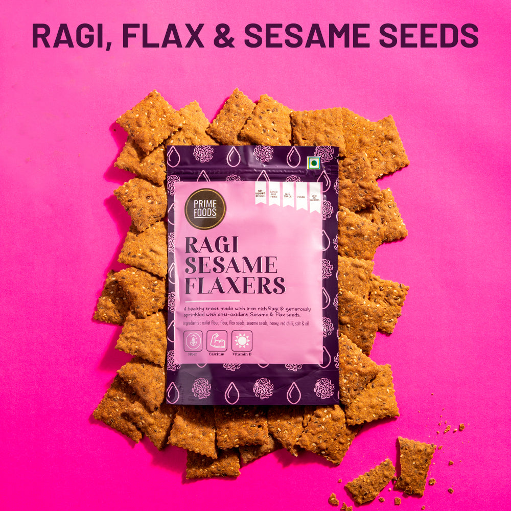 Prime Foods Ragi Crackers with Sesame and Flax Seeds - Pack of 4