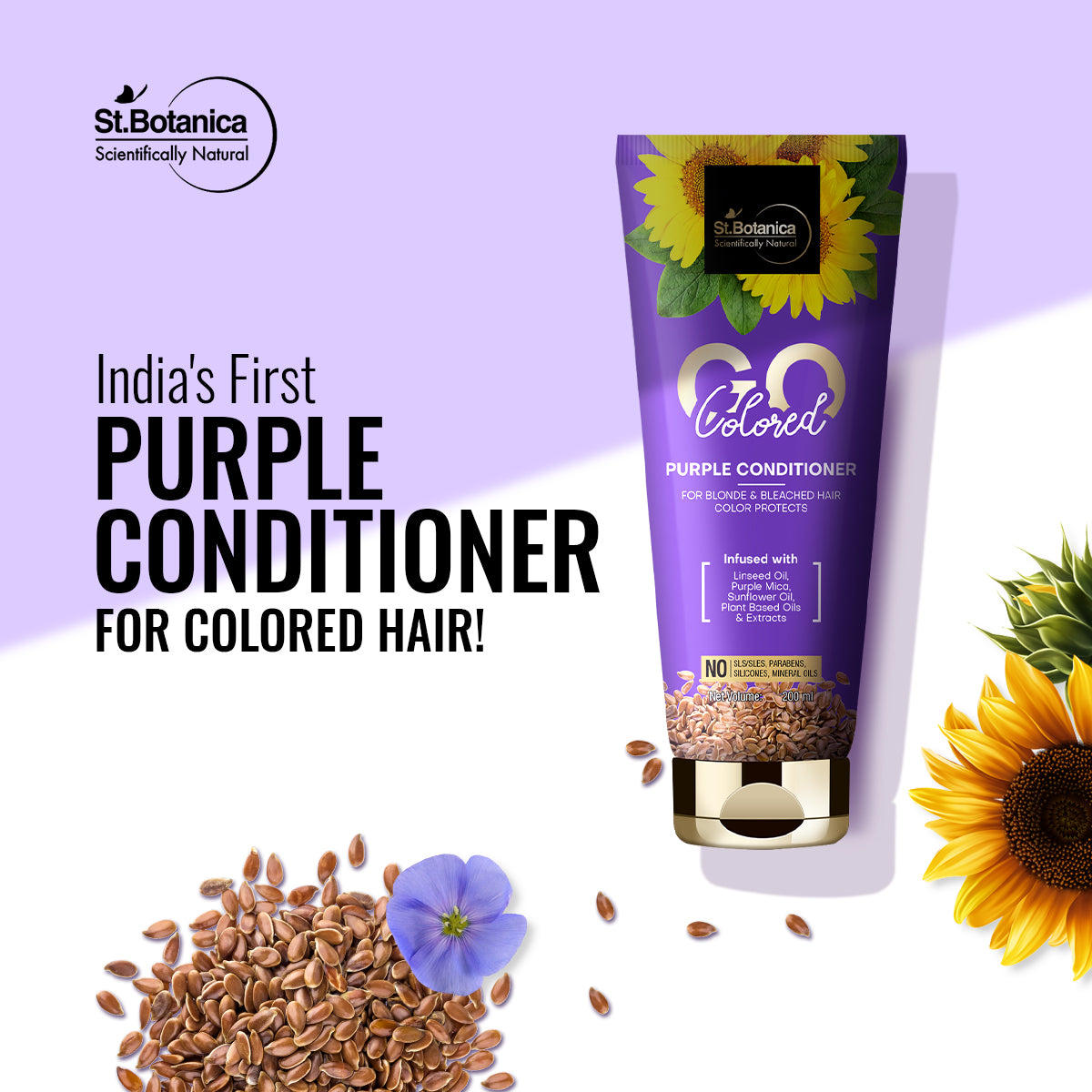 St.Botanica GO Colored Purple Hair Conditioner - With Linseed, Purple Mica, Sunflower Oil, No SLS/Sulphate, Paraben, Silicones, Colors, 200ml