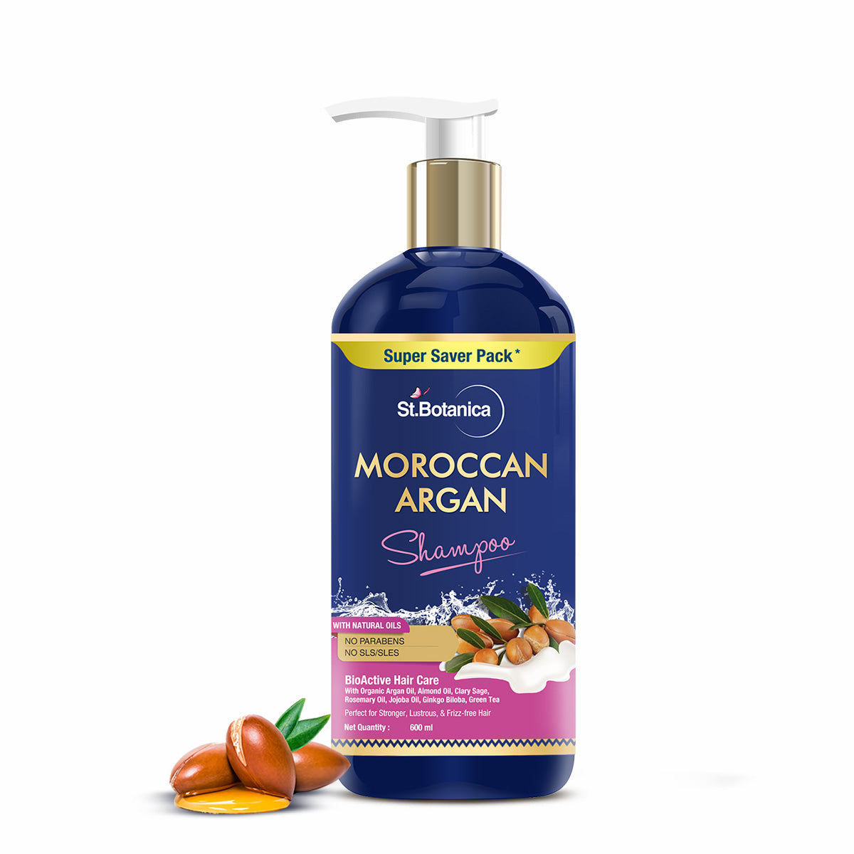 St.Botanica Moroccan Argan Hair Shampoo, 600ml with Moroccan Argan Oil to Nourish Dull & Dry Hair | Cruelty Free & Vegan | Paraben Free | No SLS/SLES