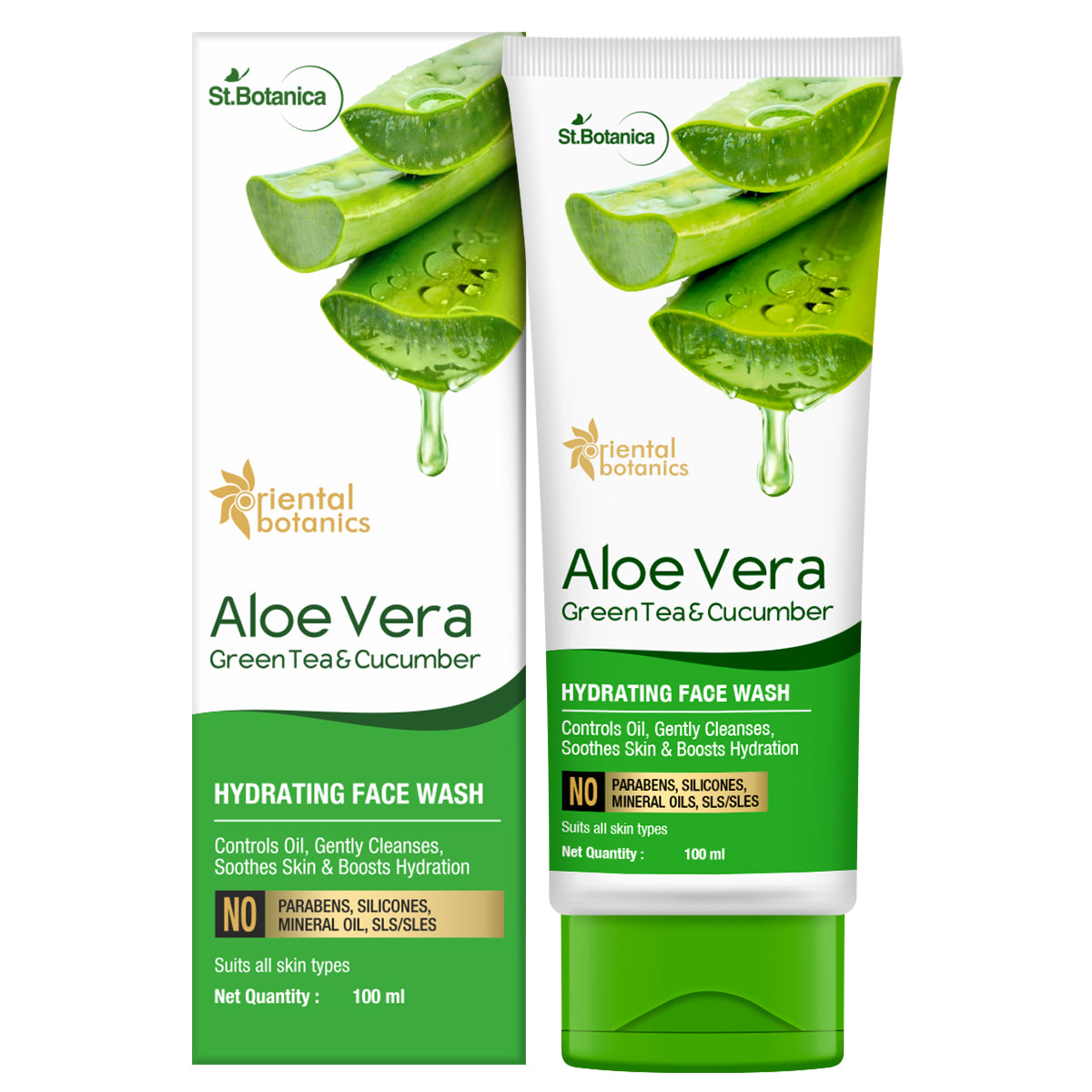 Oriental Botanics Aloe Vera, Green Tea & Cucumber Hydrating Face Wash - No Sulphate, Paraben, Silicone, 100 ml (ORBOT48)