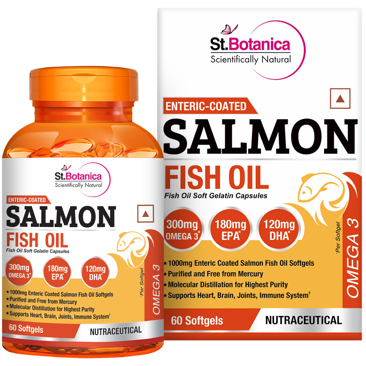St.Botanica Salmon Fish Oil 1000mg; 300mg Omega-3 with 180mg EPA, 120mg DHA - 60 Enteric Coated Softgels