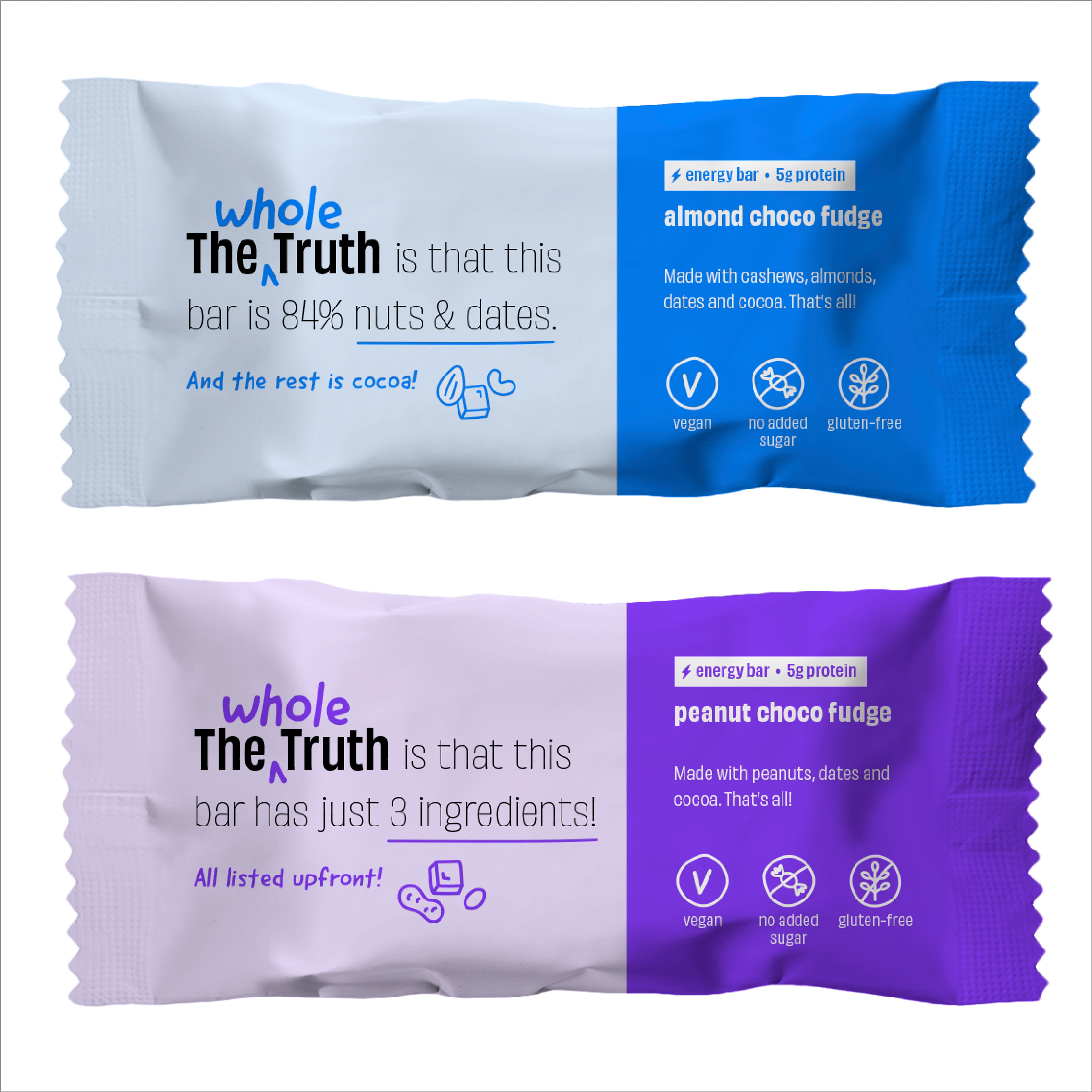 The Whole Truth - Energy Bars | Nuts For You (4 Peanut Choco Fudge, 2 Almond Choco Fudge) | Pack of 6 x 40g | Dairy Free & Sugarfree | Vegan | No Preservatives | All Natural | Healthy Snack