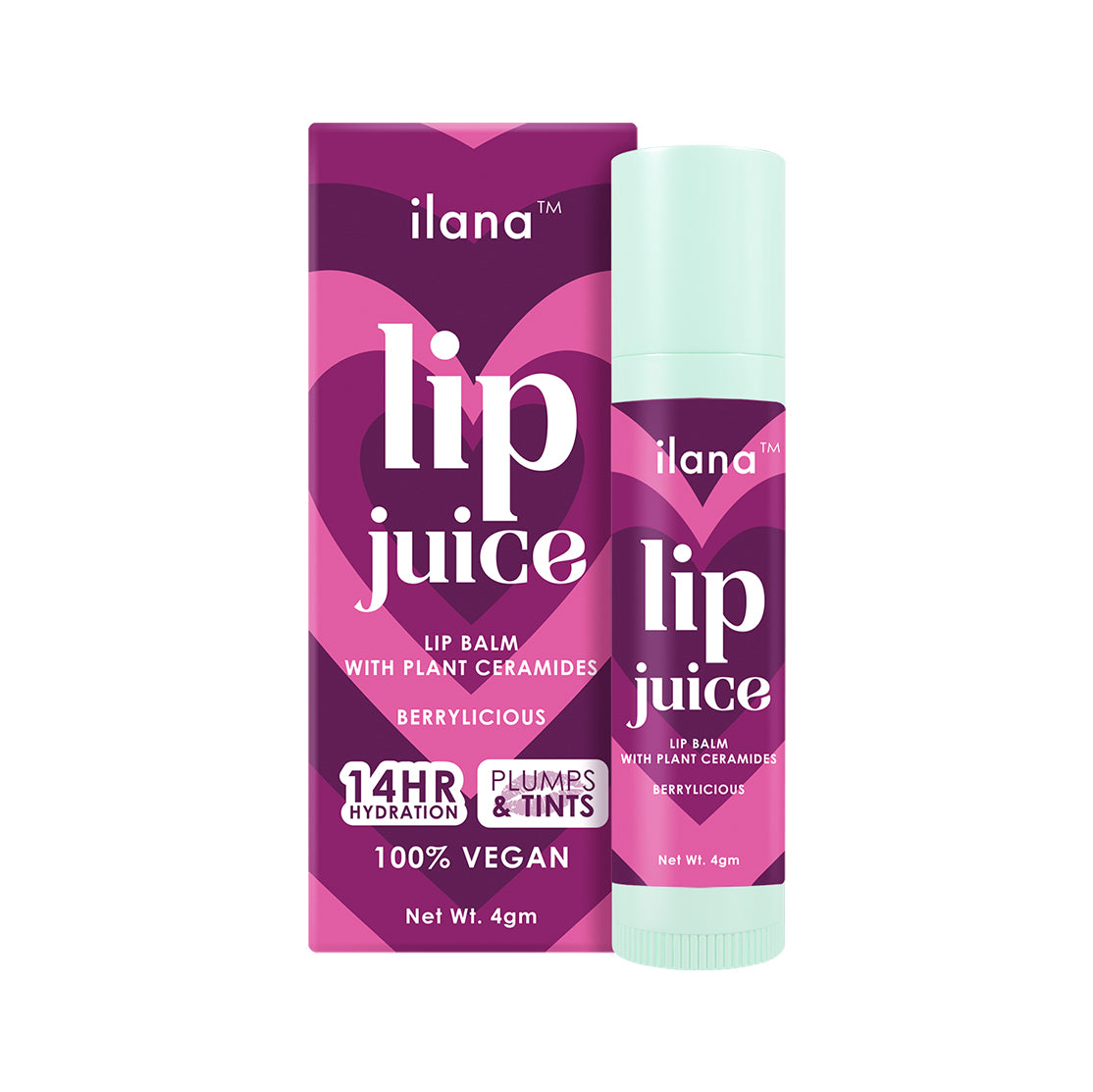 ilana - Lip Juice - Hydrating and plumping vegan tinted lip balm with plant ceramides - 14 hr hydration - Berrylicious - 4gm