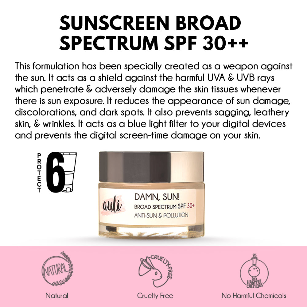 Auli Damn Sun SPF30++ Broad Spectrum Lightweight Sweat Proof Anti-Tan and Pollution Sunscreen for All Skin Types - 60gm