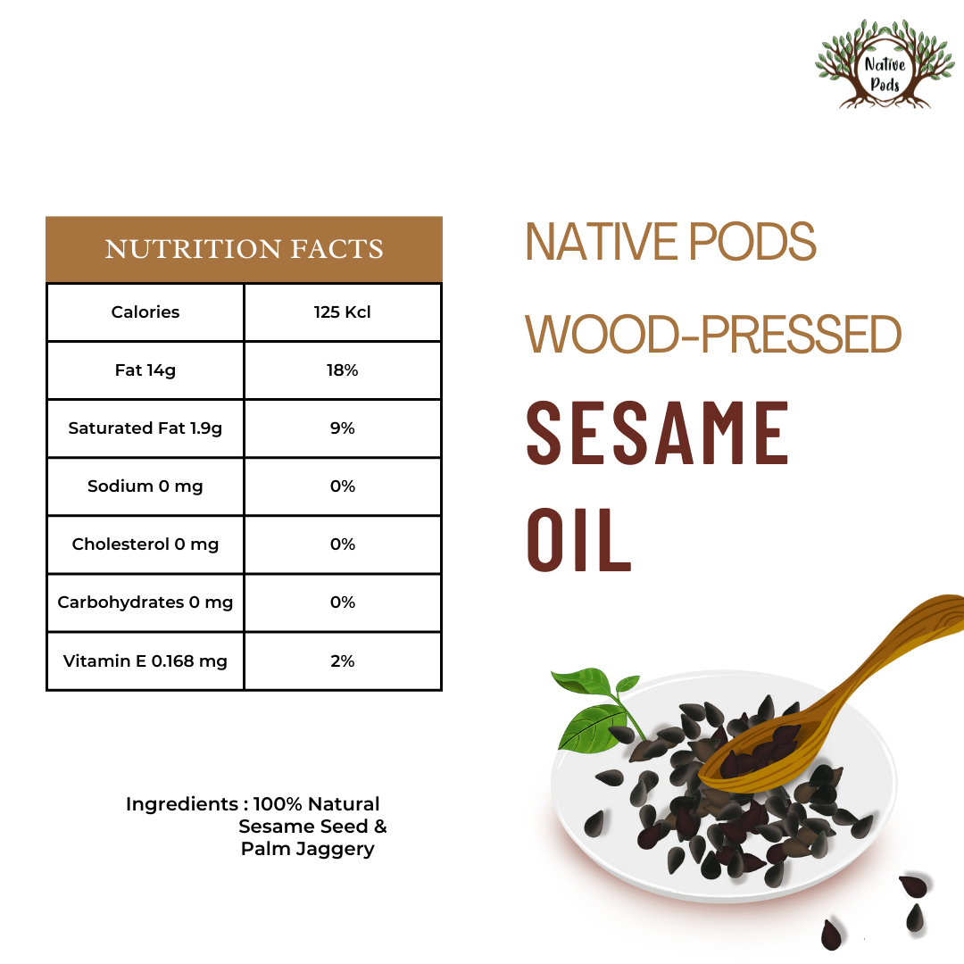 Native Pods Cold Press Sesame Oil/Gingelly Oil/Nalla Enna (Wood Pressed) - Kacchi Ghani/ Chekku/ Kolhu - Unrefined/Unfiltered