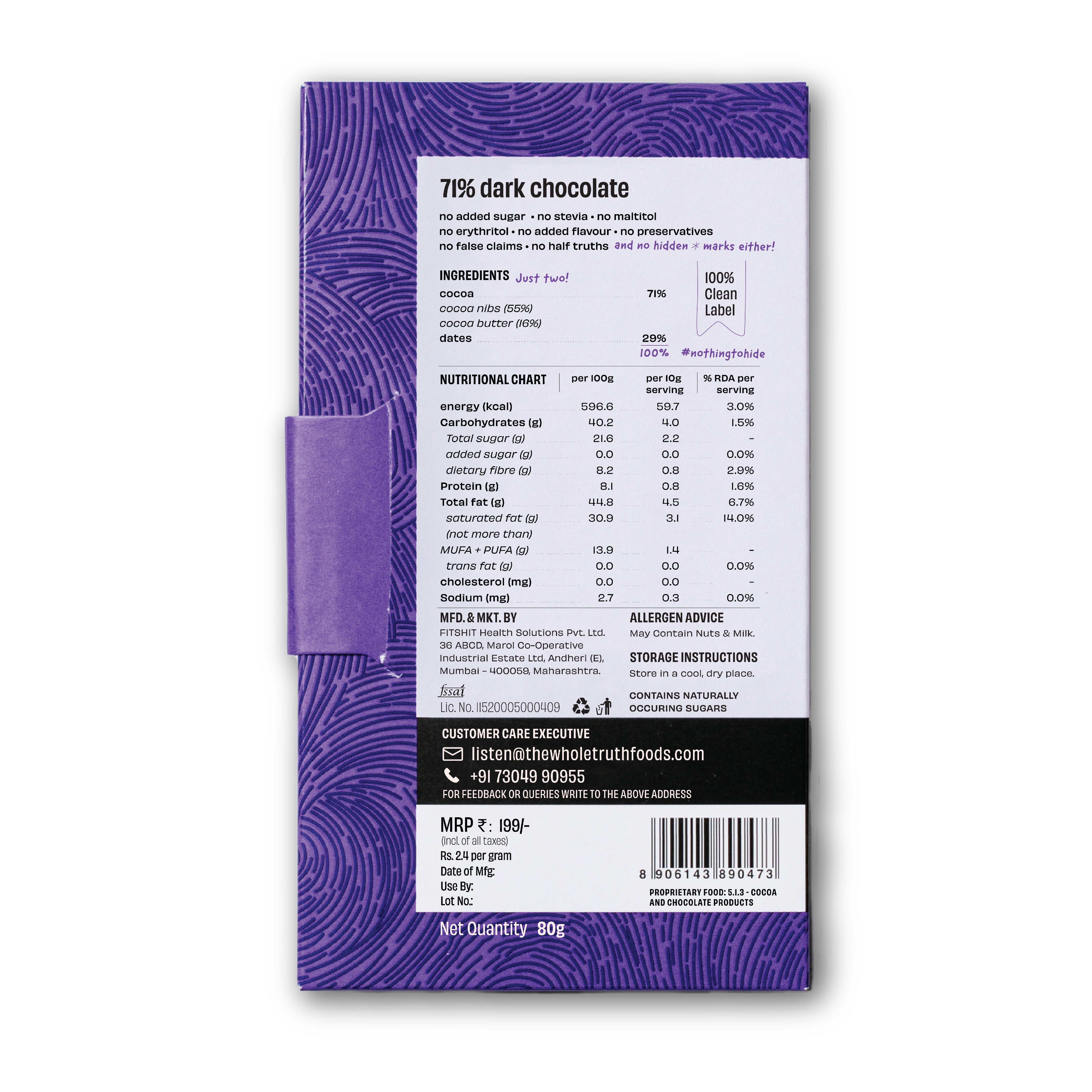 The Whole Truth - Dark Chocolate Combo | 71% Dark Chocolate | Pack of 2 | 160 g | No Added Sugar | Bean to Bar | 71% Cocoa 29% Dates