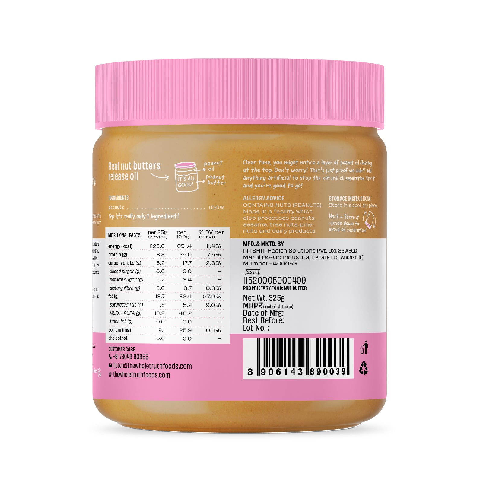 The Whole Truth - Unsweetened Peanut Butter - Creamy | No Added Sugar | High Protein | No Artificial Sweeteners | Vegan | No Gluten & Soy | No Preservatives | 100% Natural
