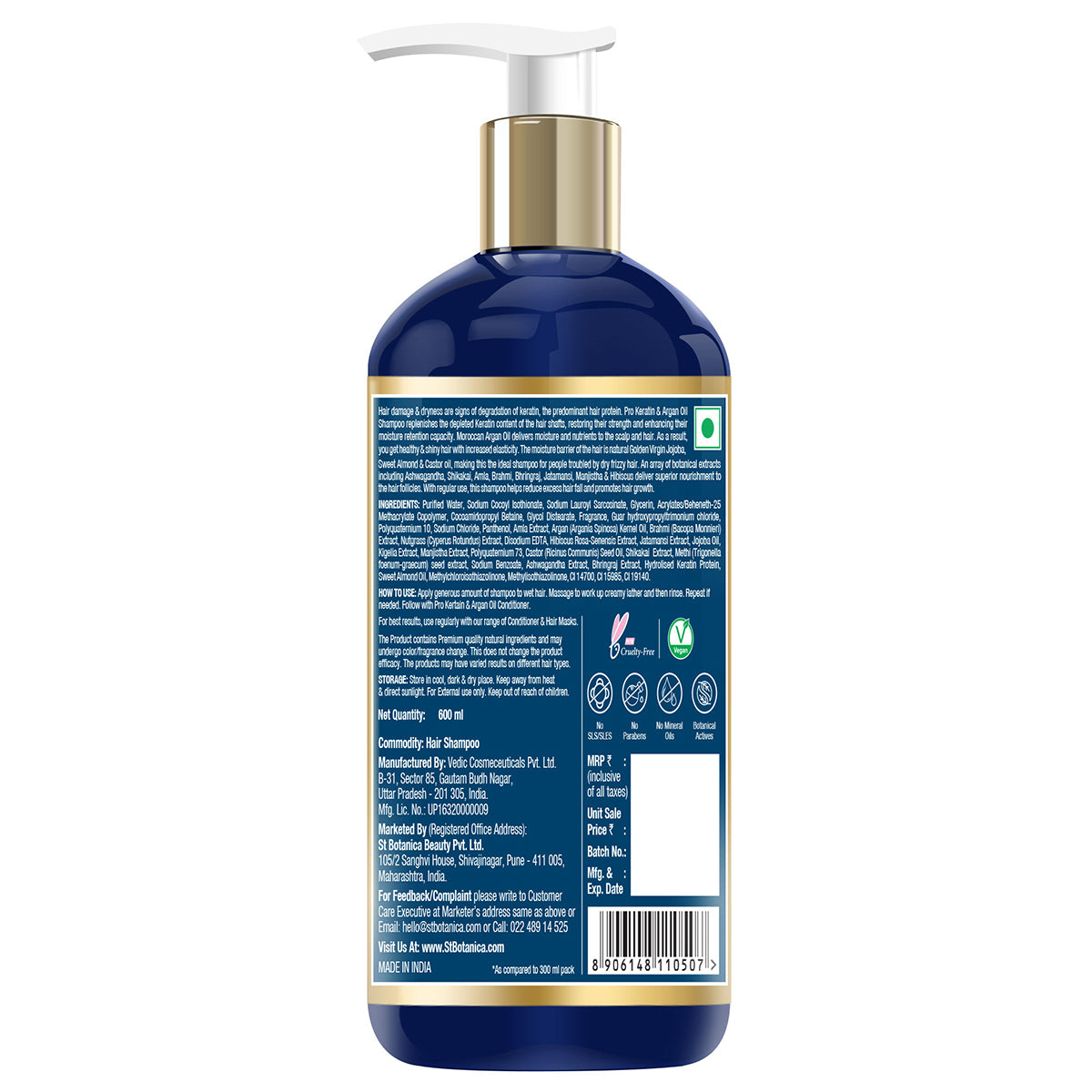 St.Botanica Pro Keratin & Argan Oil Smooth Therapy Shampoo 600ml infused with Pro Keratin & Argan Oil that Smoothens and Hydrates Frizzy Hair | Cruelty Free & Vegan | Paraben Free