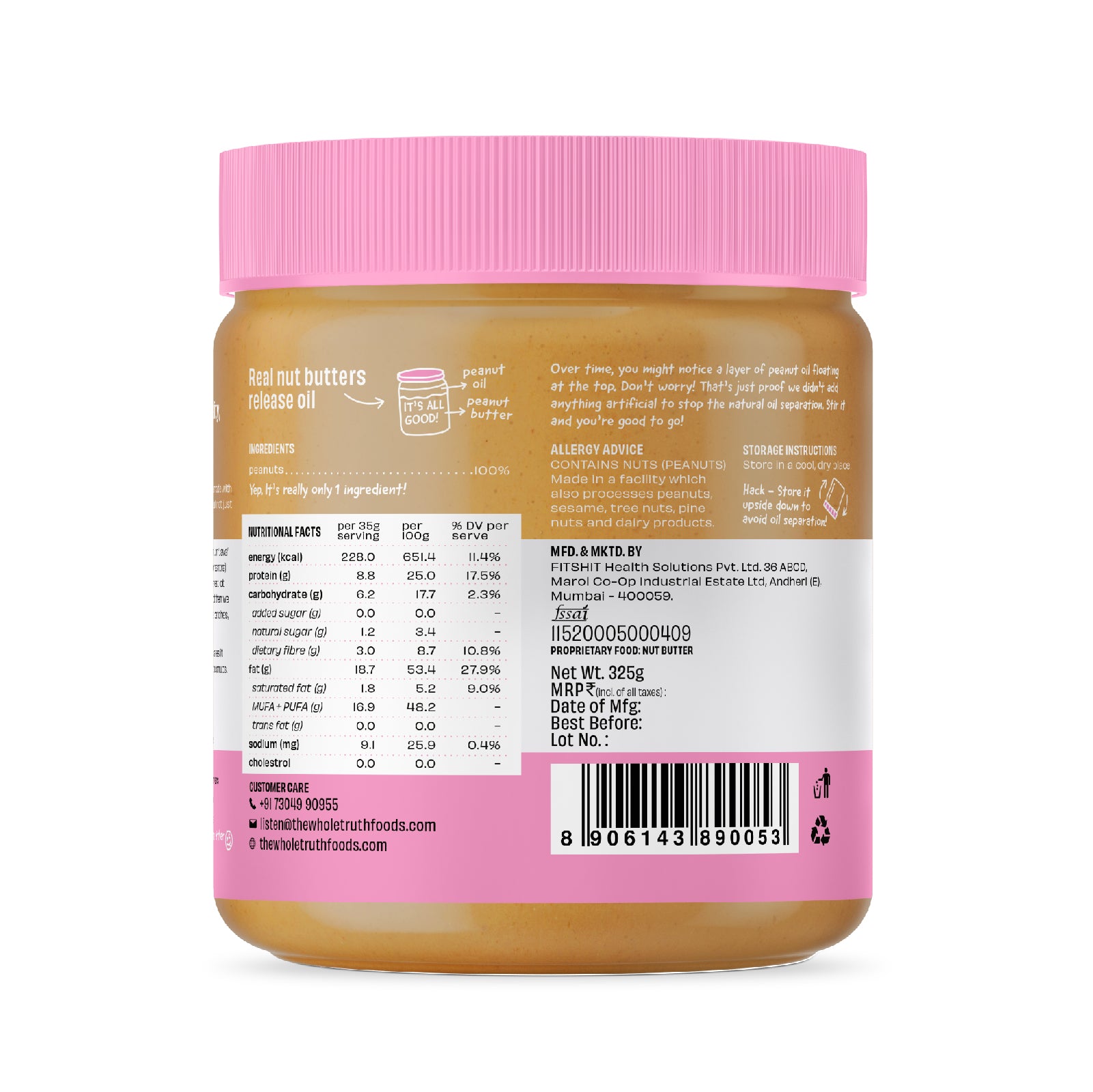 The Whole Truth - Unsweetened Peanut Butter - Crunchy | No Added Sugar | No Artificial Sweeteners | Vegan | No Gluten & Soy | No Preservatives | 100% Natural