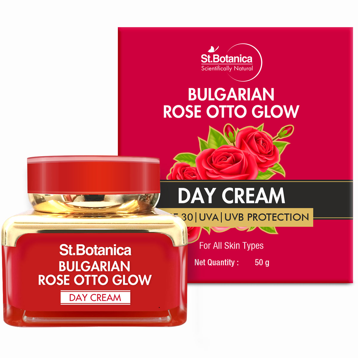 St.Botanica Bulgarian Rose Otto Glow Day Cream SPF 30 UVA UVB Protection, Brightening & Nourishing, 50 g (STBOT685)