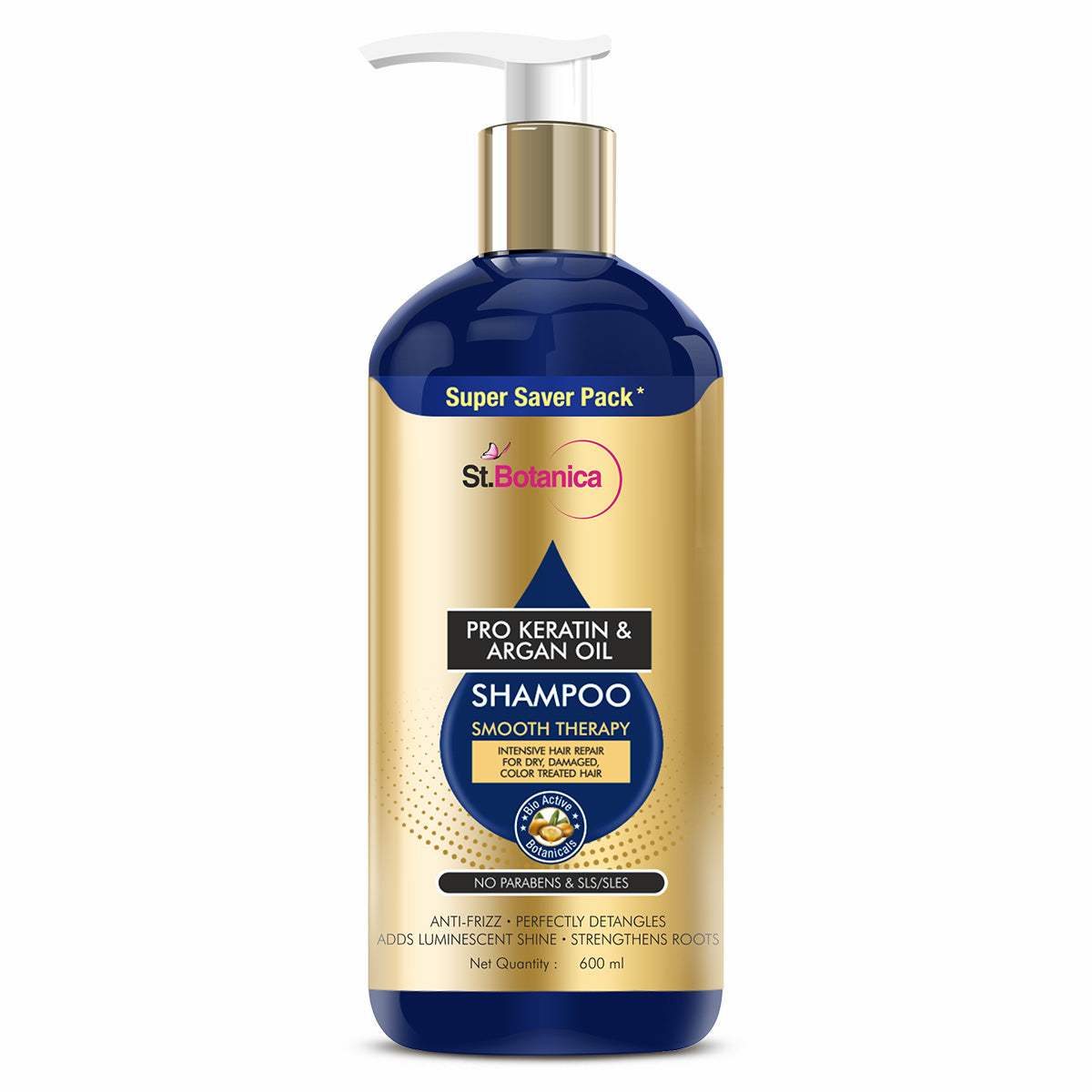 St.Botanica Pro Keratin & Argan Oil Smooth Therapy Shampoo 600ml infused with Pro Keratin & Argan Oil that Smoothens and Hydrates Frizzy Hair | Cruelty Free & Vegan | Paraben Free