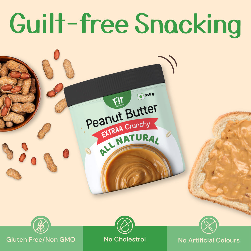 FiT Nutrition Unsweetened Peanut Butter | EXTRAA Crunchy | No Salt | High Protein | Vegan | Gluten Free | 350g