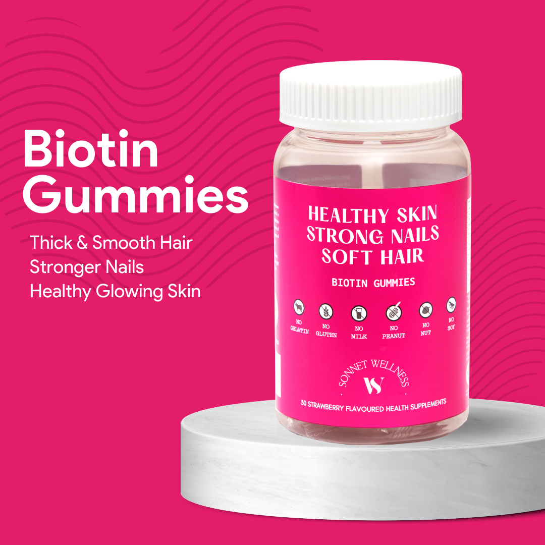 Sonnet Wellness Biotin Gummies | Healthy Skin | Strong Nails | Strengthens Hair | Biotin, Zinc & B12 | Strawberry Flavoured | 30 days pack
