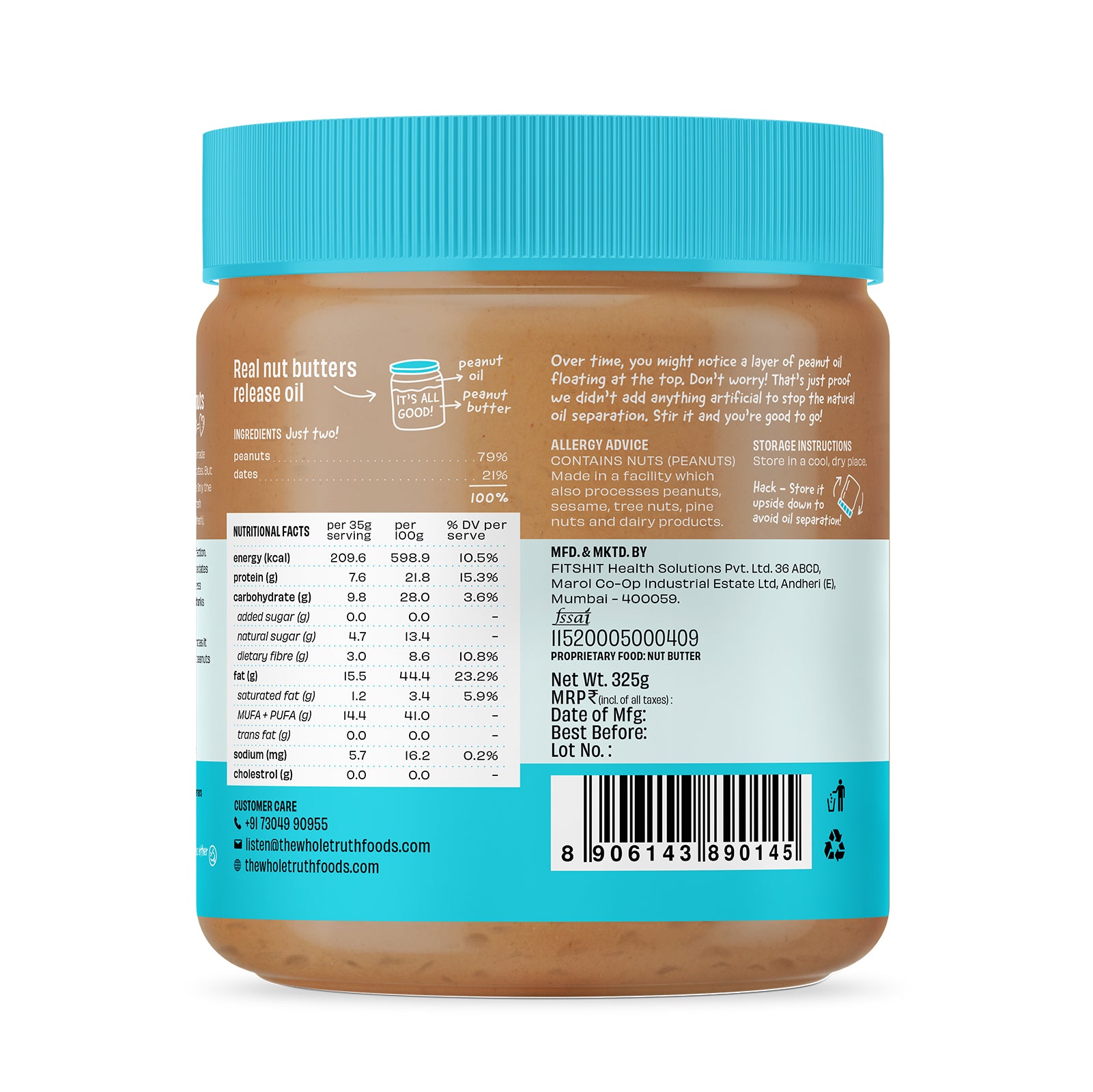 The Whole Truth - Peanut Butter with Dates - Crunchy | No Added Sugar | No Artificial Sweeteners | No Palm Oil | Vegan | Gluten Free | No Preservatives | 100% Natural