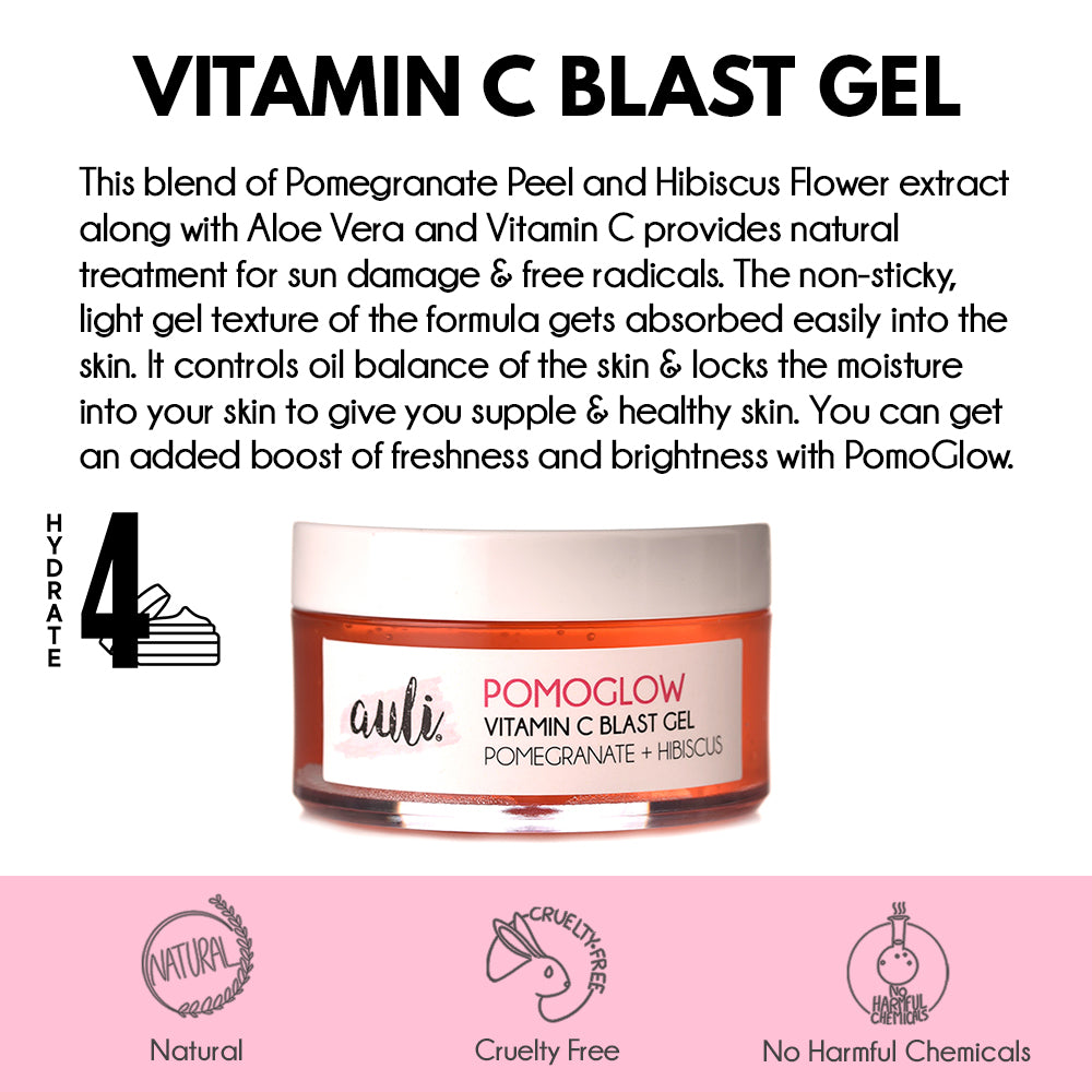 Auli Pomoglow Pomegranate and Vitamin C Blast Gel for all skin types, rich in Antioxidants ,helps treat sun damage and hydrates skin deeply - 50GM