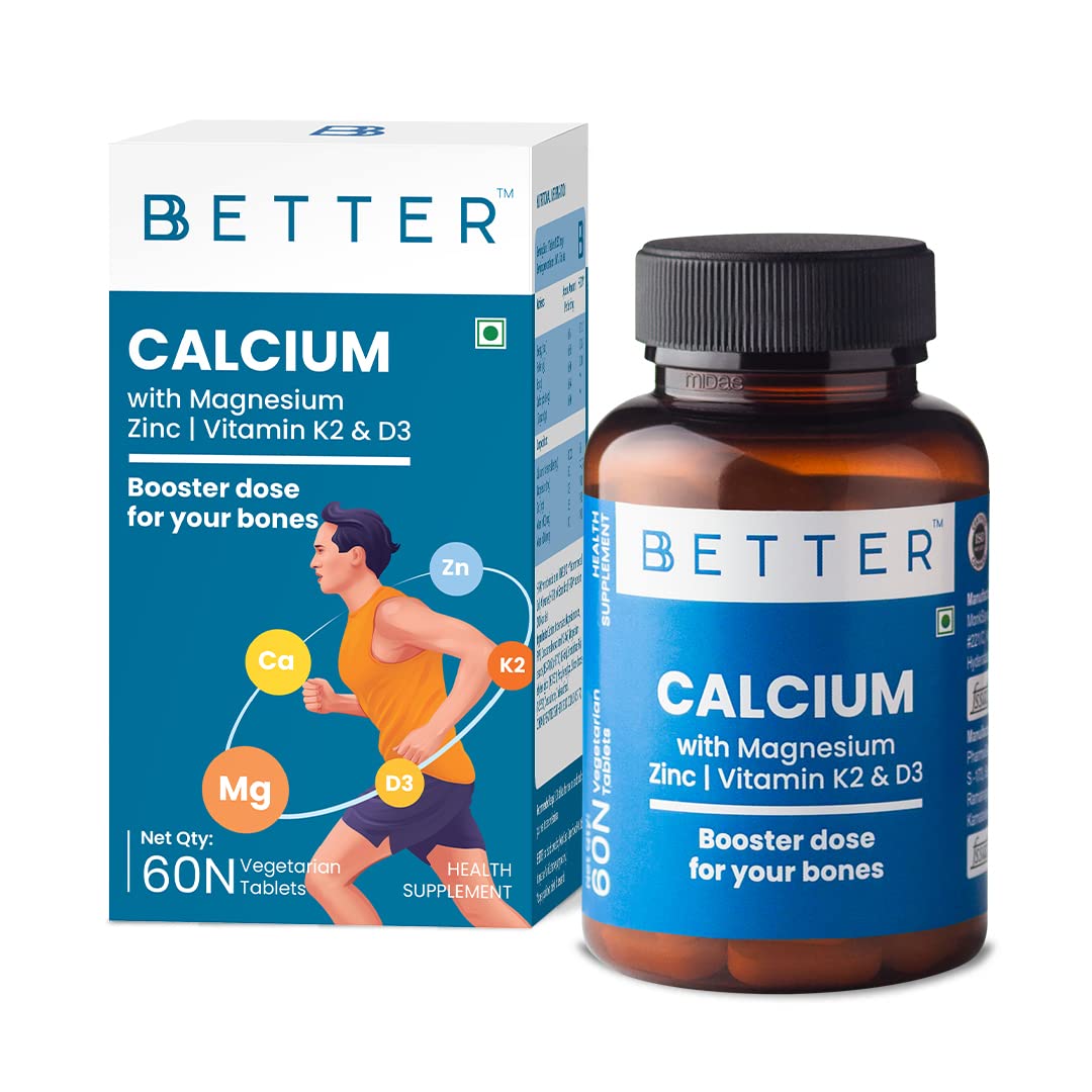 BBetter Calcium Magnesium Zinc Tablets I Vitamin D3 & K2 I 60 Veg Tablets