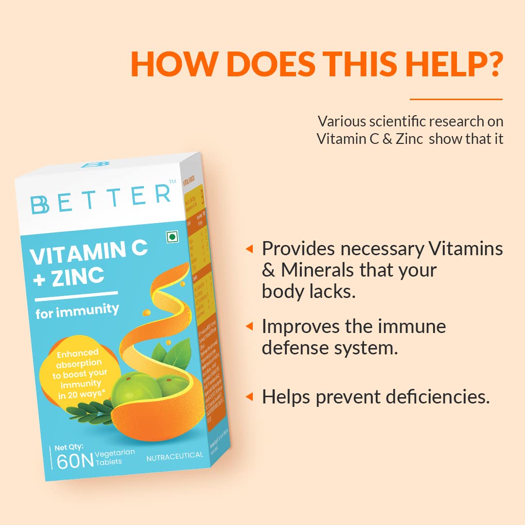BBetter Vitamin C and Zinc tablets I For Immunity I 60 Veg Tablets