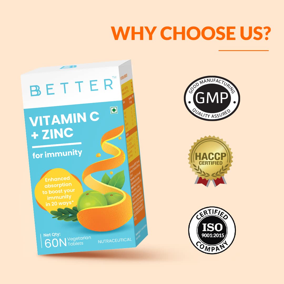 BBetter Vitamin C and Zinc tablets I For Immunity I 60 Veg Tablets