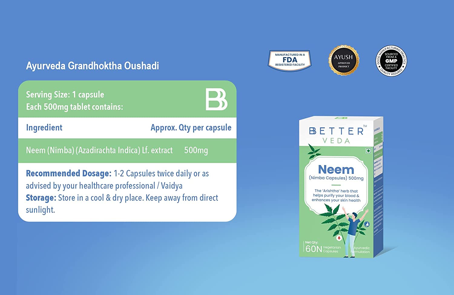 BBetter Neem Supplement I For Acne & Blood Purifier I 60 Veg Capsules