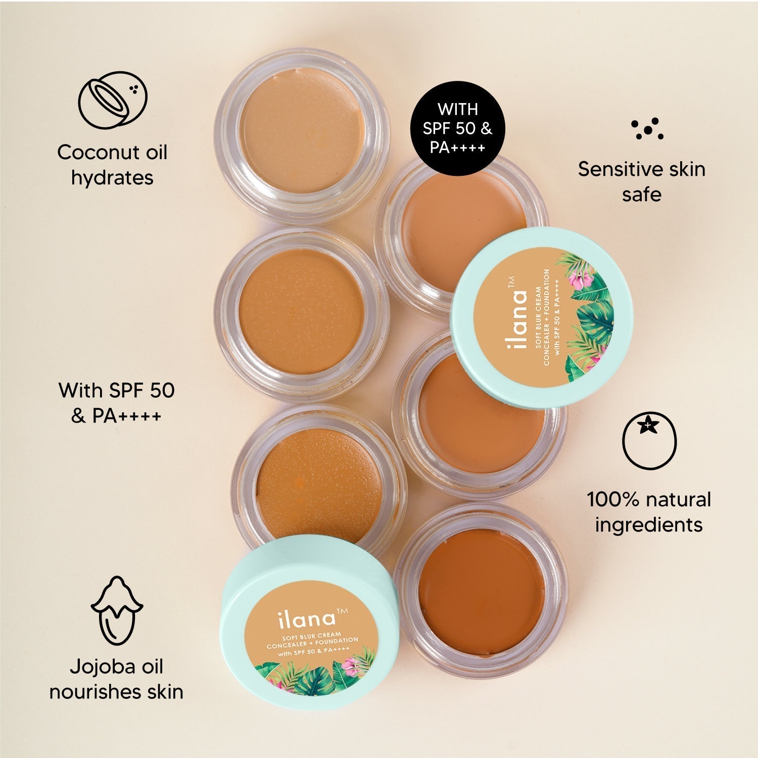 Ilana Soft Blur Cream Concealer & Foundation with SPF 50 I Shade - Beach Please | 5 ml