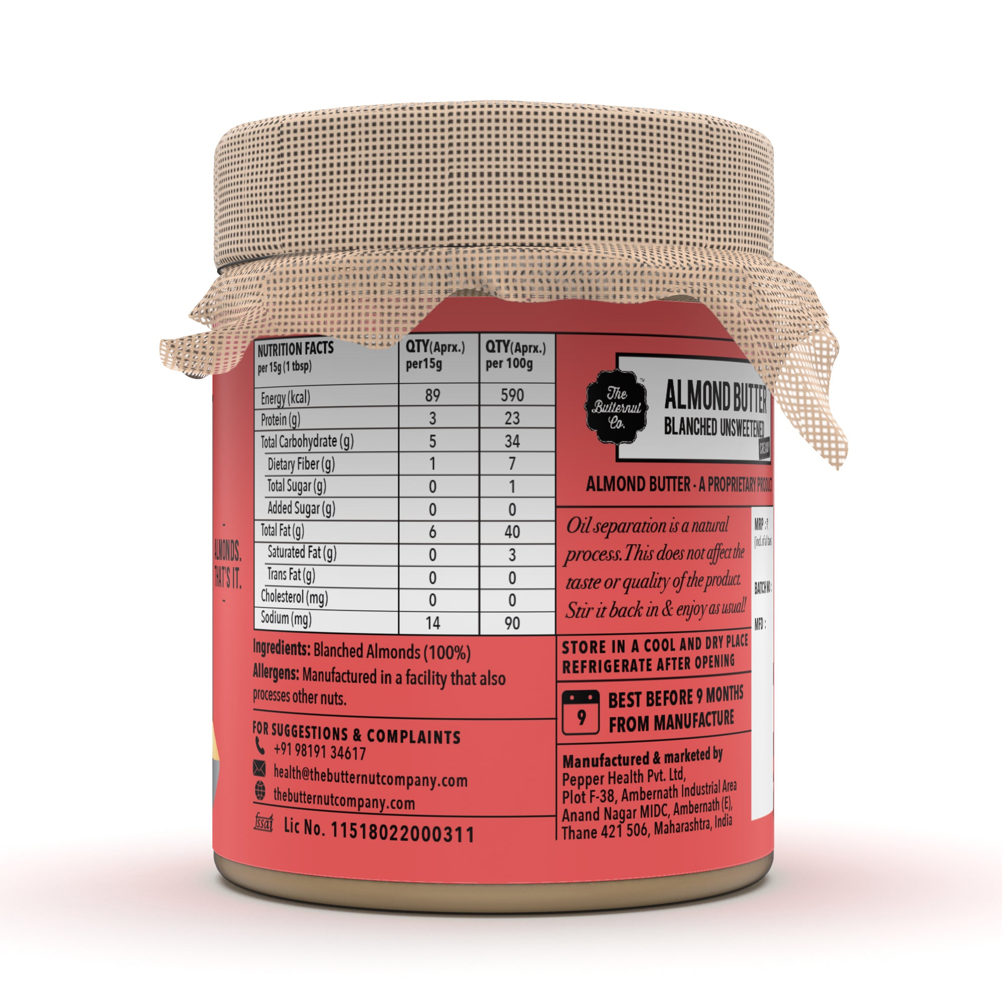 The Butternut Co. Blanched Unsweetened Almond Butter Creamy 200 gms
