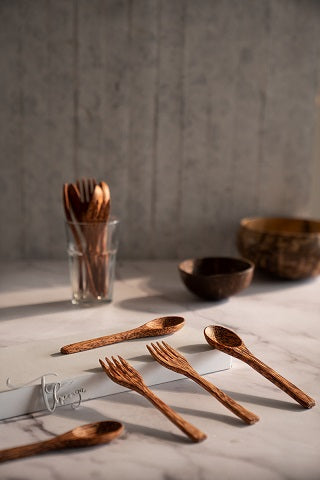 Thenga Coconut Wood Spoon & Fork (2 Spoon + 2 Fork) | Eco Friendly, Natural & Handmade