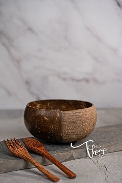 Thenga Hand Carved Jumbo Coconut Bowl - 900 ML, 1 Bowl with Spoon and Fork ( Brown, Pack of 1 )