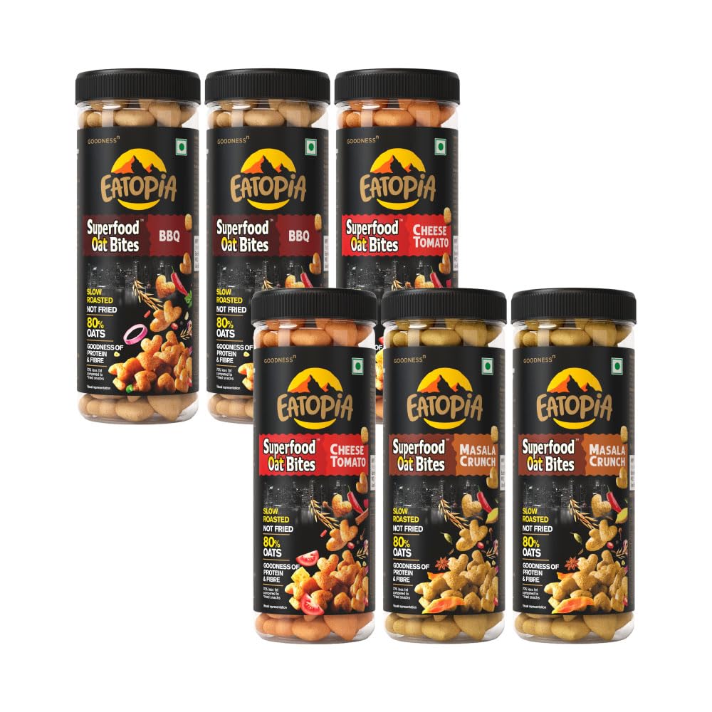Eatopia Superfood Oat Bites - 2 BBQ + 2 Cheese Tomato + 2 Masala Crunch  - Pack of 6