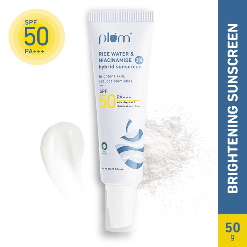 Plum Face Sunscreen | SPF 50 PA+++ | 2% Niacinamide & Rice Water Hybrid | No White Cast | Reduces Blemishes | Non-Greasy | UVA & UVB Protection | 50g