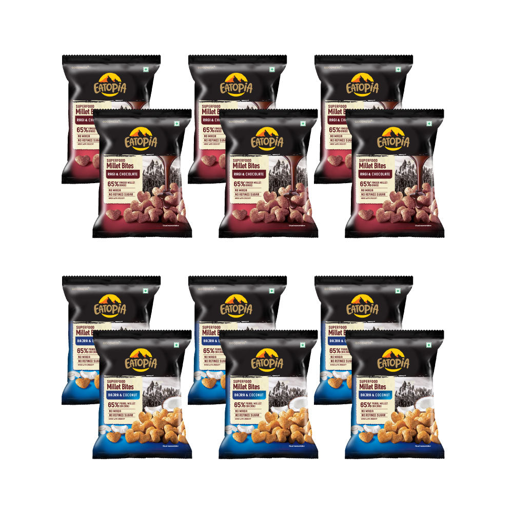 Eatopia Superfood Millets Bites | Not fried | Gluten Free | Breakfast Cereal Snack - 6 Ragi chocolate+6Bajra coconut (pack of 12)