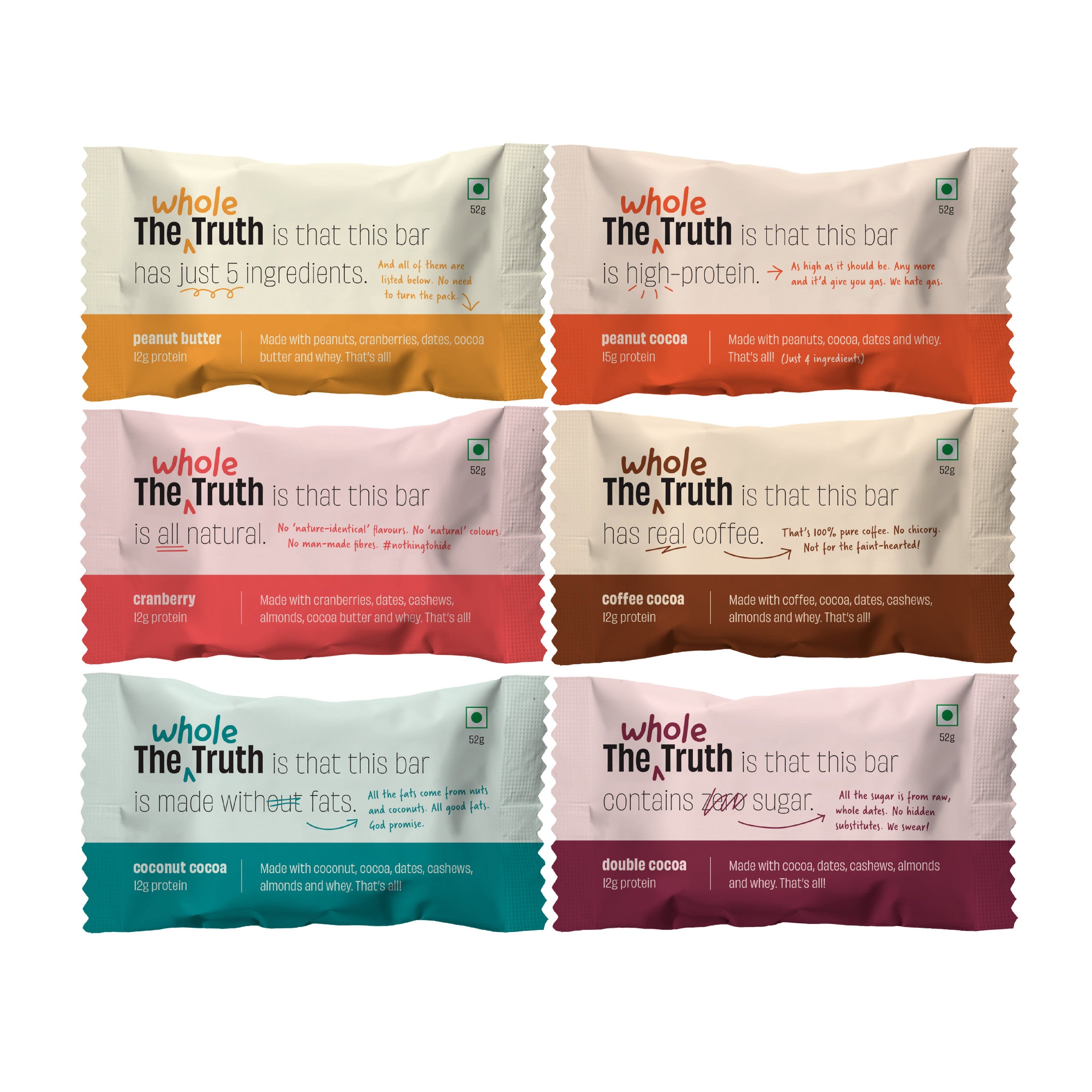 The Whole Truth - Protein Bars | All-in-One | Pack of 6 x 52 g each | No Added Sugar | No Preservatives | No Artificial Sweeteners | No Gluten or Soy | All Natural Ingredients | Six Different Flavours