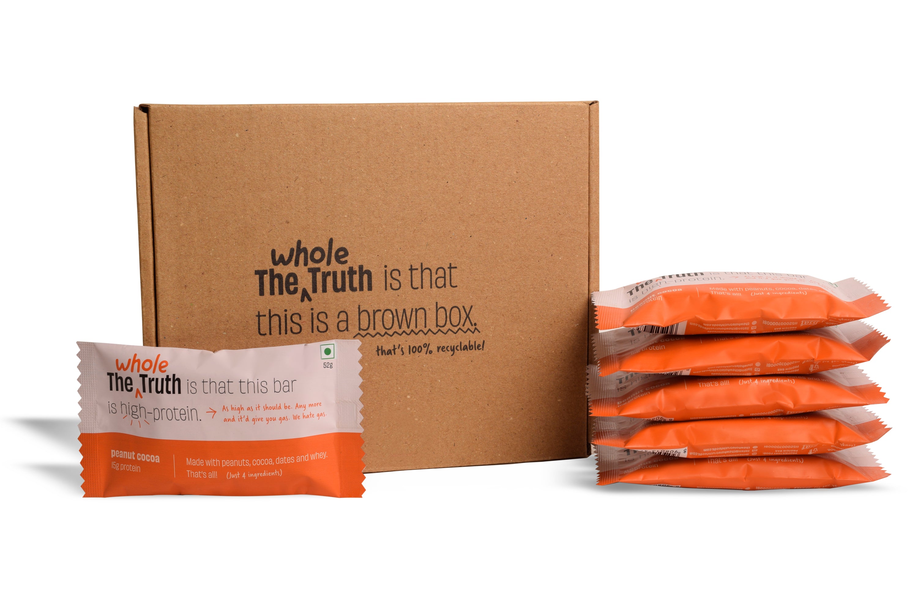 The Whole Truth - Protein Bars - Peanut Cocoa - Pack of 6 (6 x 52g) - No Added Sugar - All Natural