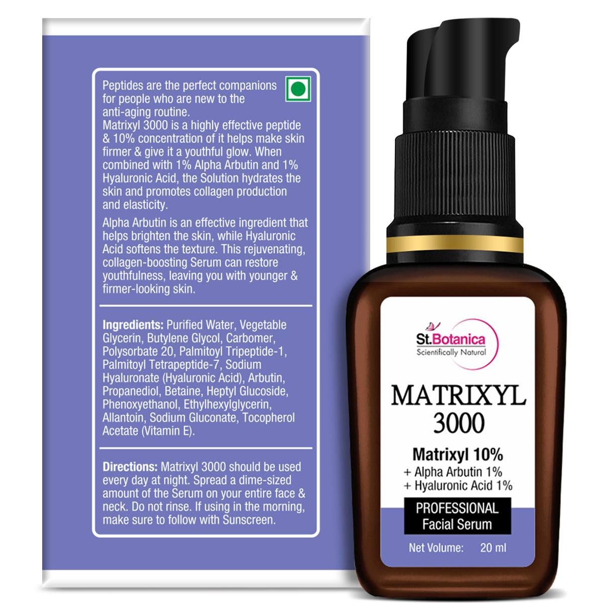 St.Botanica Matrixyl 3000 10% + Alpha Arbutin 1% + Hyaluronic Acid 1% Face Serum for Dull, Dehydrated & Aging Skin| Collagen Boosting Serum, 20 ml