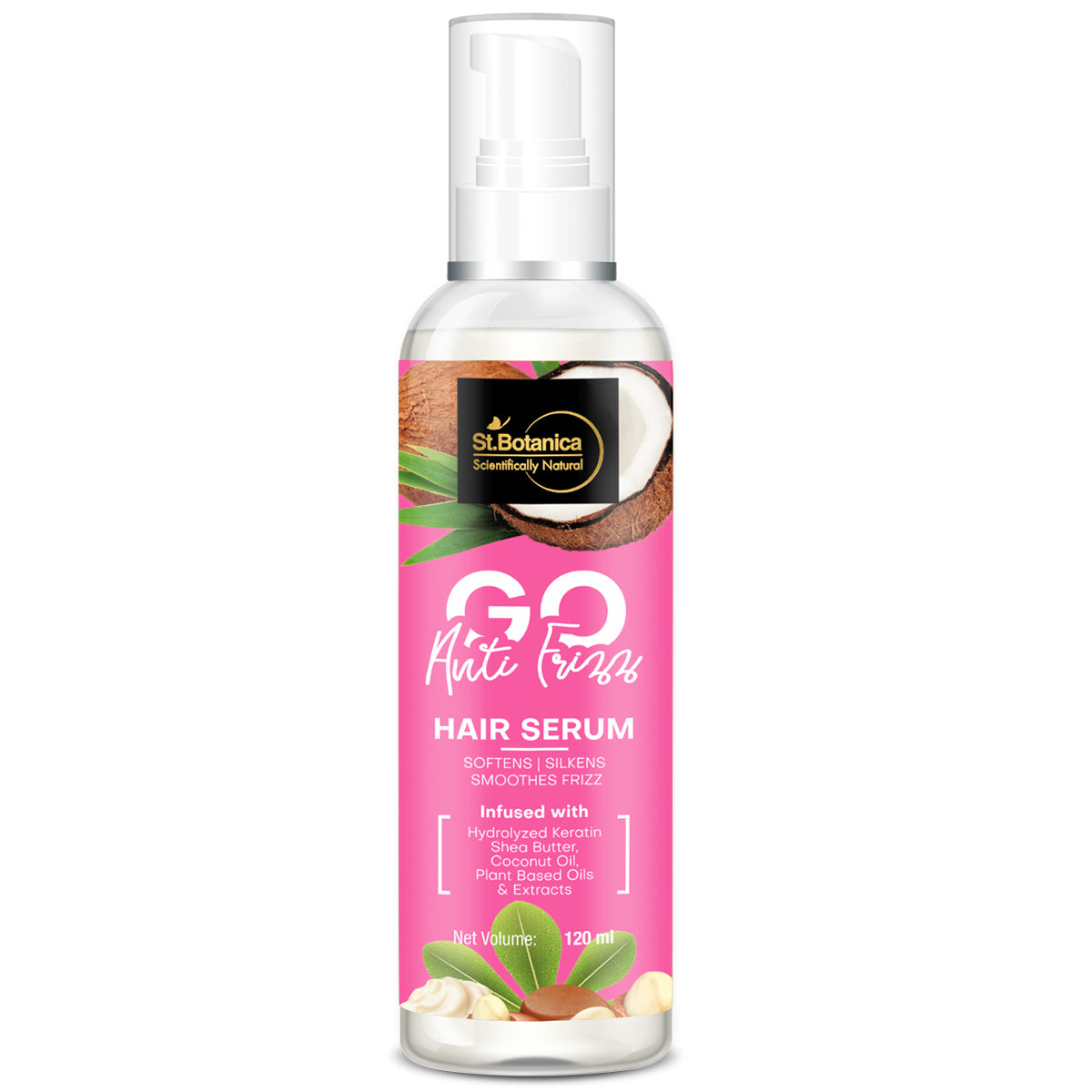St.Botanica GO Anti Frizz Hair Serum - Infused With Hydrolyzed Keratin, Shea Butter, Coconut Oil For Frizz-free, Smooth & Lustrous Hair, 120ml
