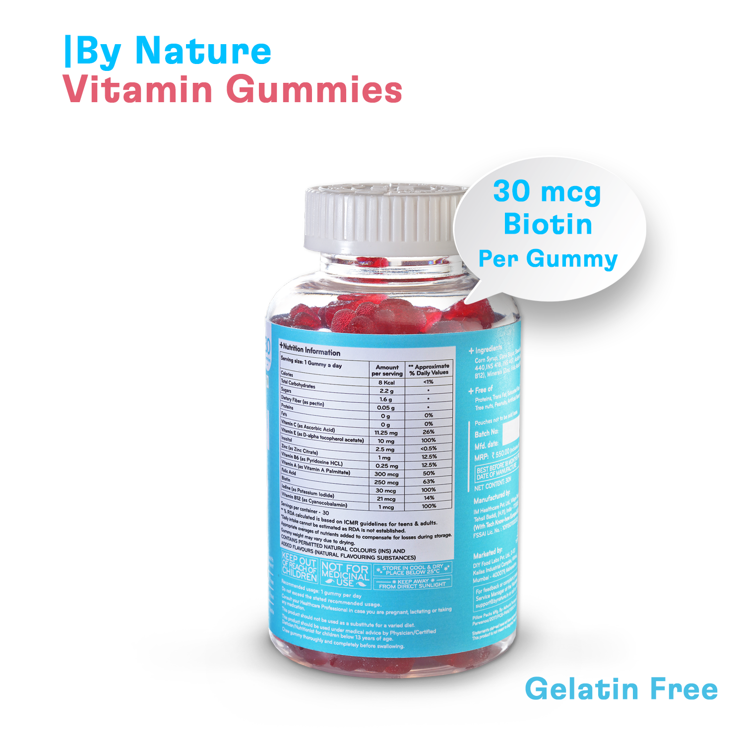 By Nature Hair Skin Nails Vitamin Gummies | Biotin | Folic Acid | Vitamins | (30 Days Pack)