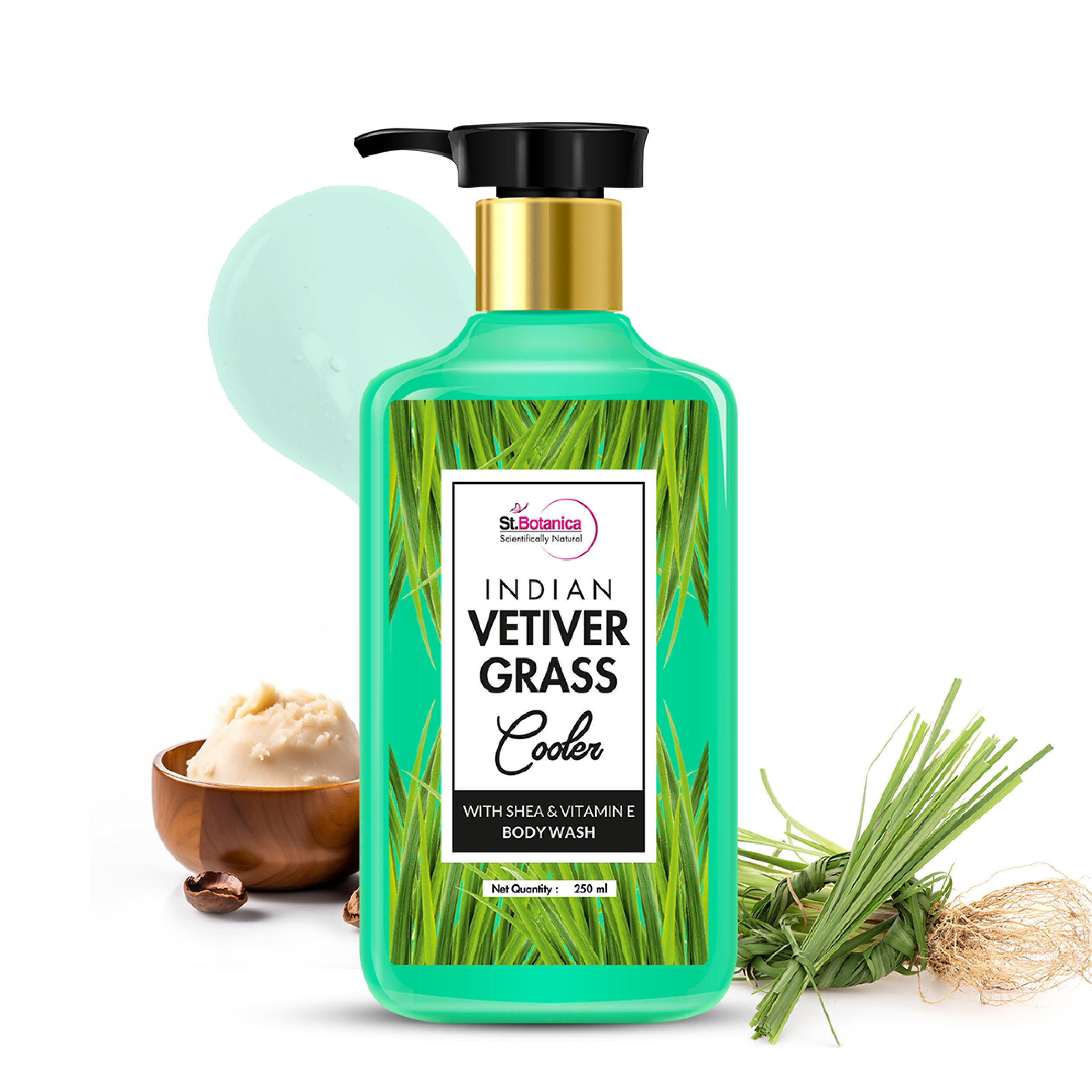 St.Botanica Indian Vetiver Grass Cooler Body Wash - With Shea & Vitamin E (Shower Gel), 250 ml