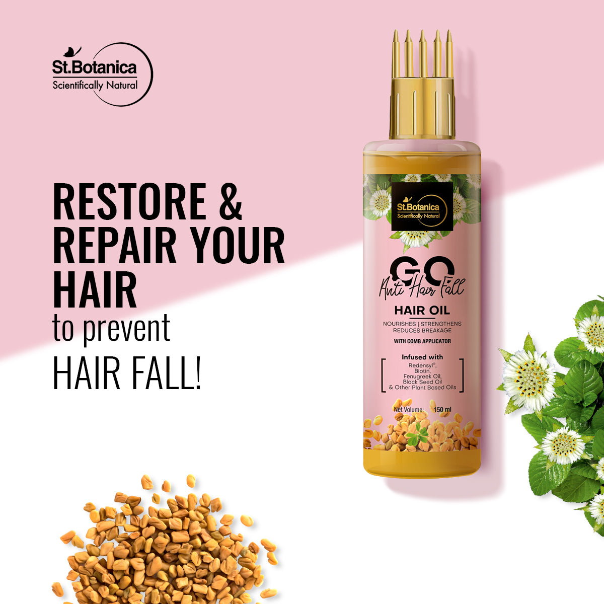 St.Botanica GO Mineral Anti Hair Fall Oil with Comb Applicator, Natural, RootBiotec 3%, Redensyl, Ginseng & Black Seed Oil & Other Botanicals, No Silicones, 150 ml