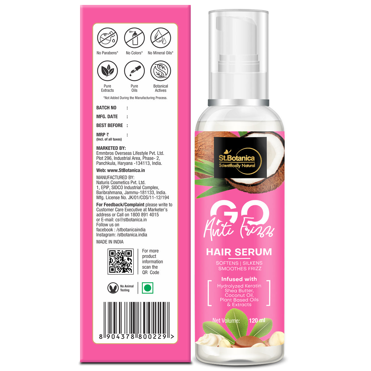 St.Botanica GO Anti Frizz Hair Serum - Infused With Hydrolyzed Keratin, Shea Butter, Coconut Oil For Frizz-free, Smooth & Lustrous Hair, 120ml