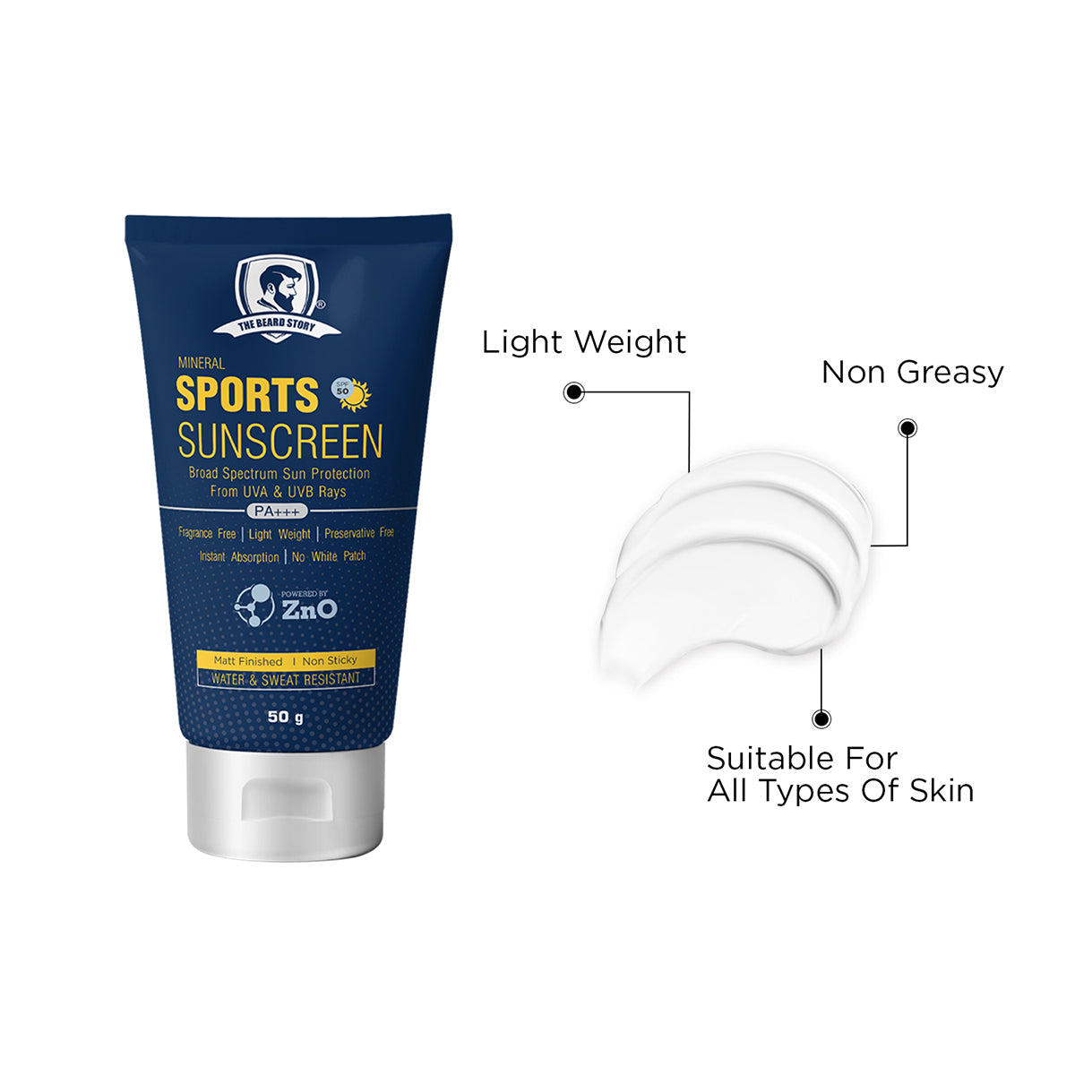 The Beard Story Mineral Sunscreen, SPF 50 | Sports Sunscreen | No White Cast | Enriched with ZnO & TiO2 | 50g