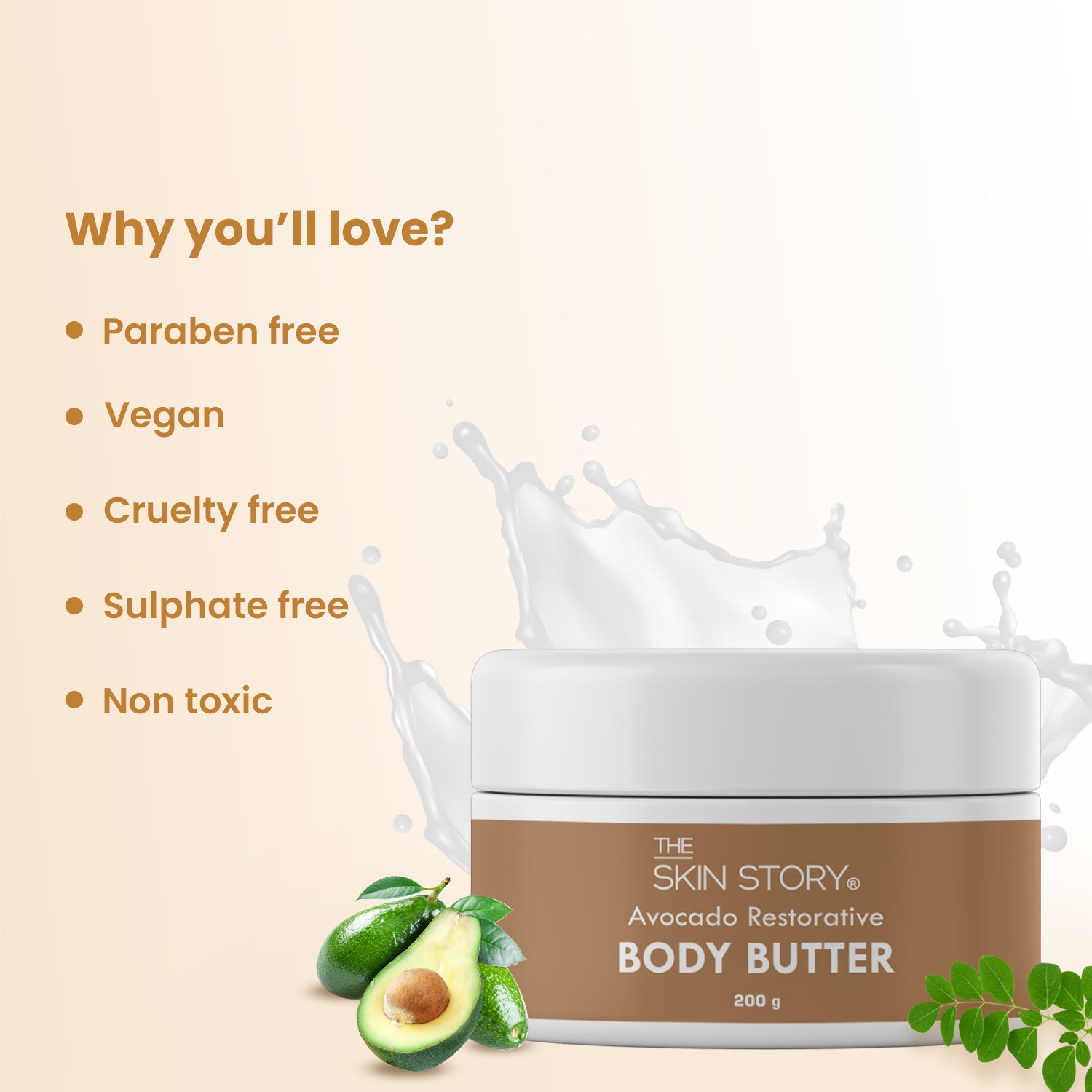 The Skin Story Deep Nourishing Body Butter | Fast Absorbing & Non Greasy | Enriched with Avocado & Moringa Oil | For Dry Skin | 200gm