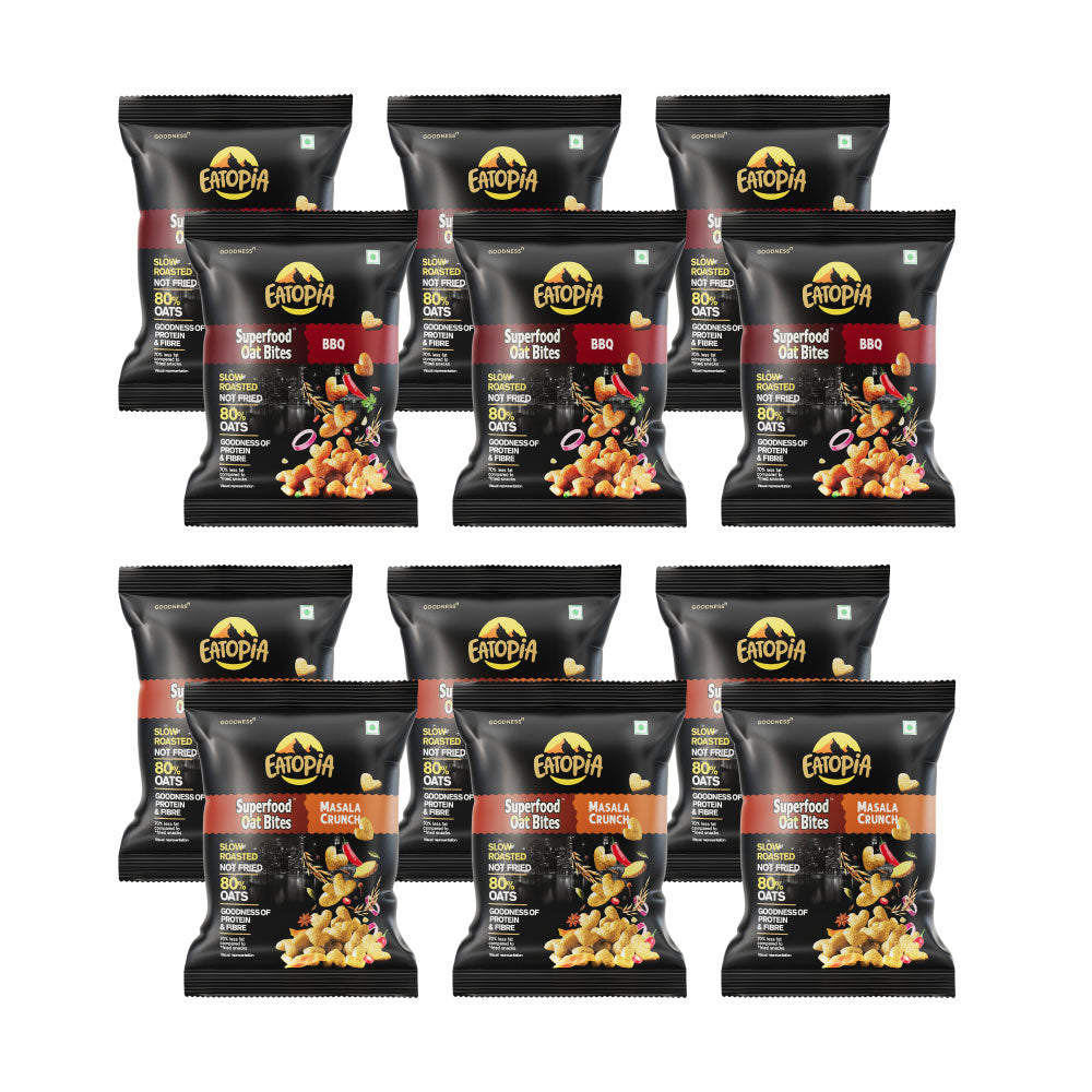Eatopia Superfood Not Fried | Gluten Free | Oats Bites Healthy Snacks-6 masala crunch+6BBQ(pack of 12)