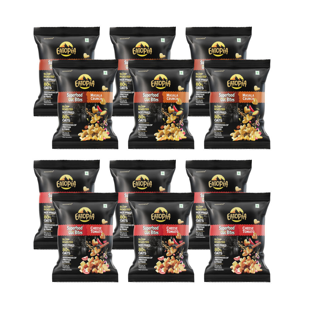 Eatopia Superfood Not Fried | Gluten Free | Oats Bites Healthy Snacks 6 masala crunch+6cheese tomato (pack of 12)