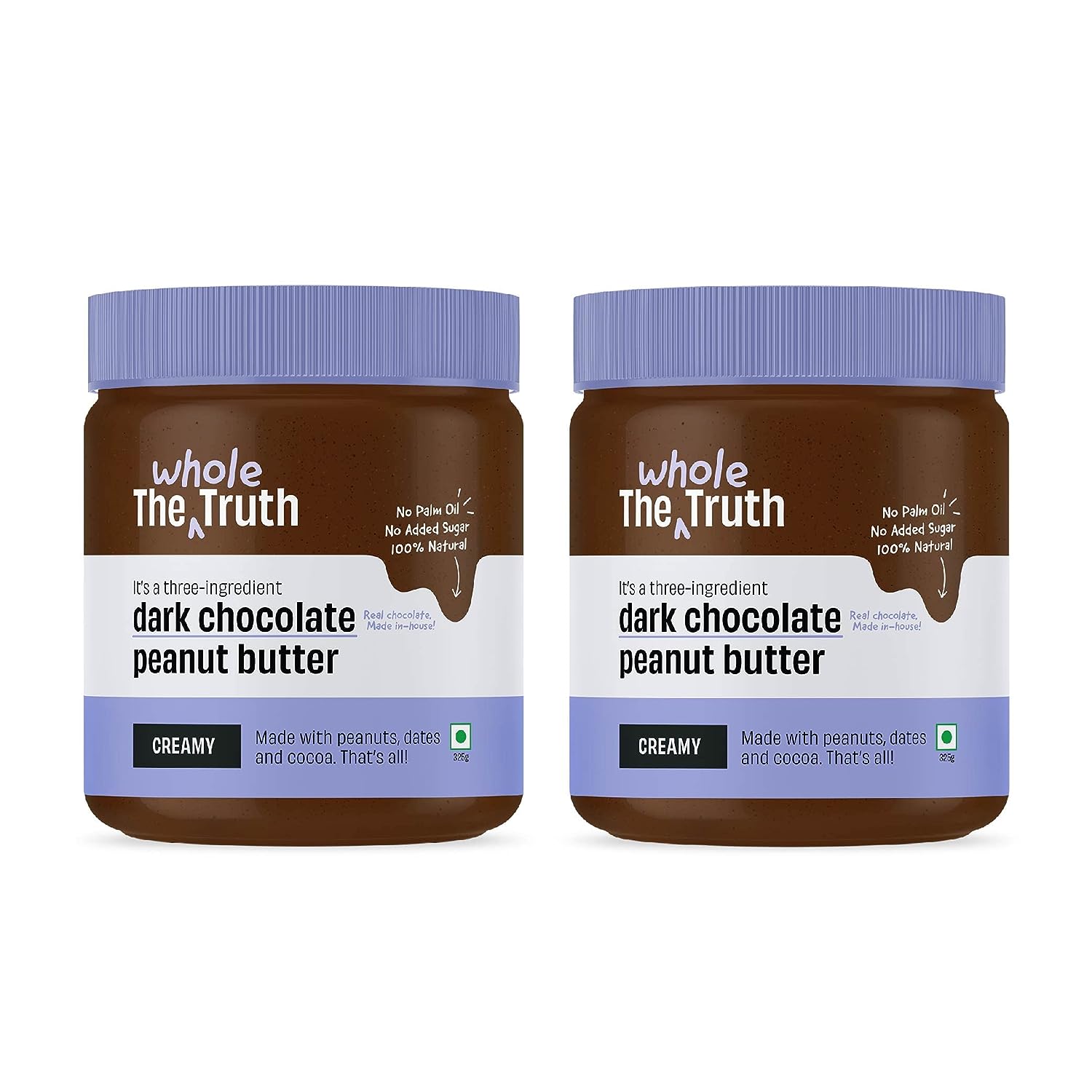 The Whole Truth - Dark Chocolate Peanut Butter | Pack of 2 | 650 g | Creamy | No Added Sugar | No Artificial Sweeteners | Vegan | Gluten Free | No Preservatives | 100% Natural