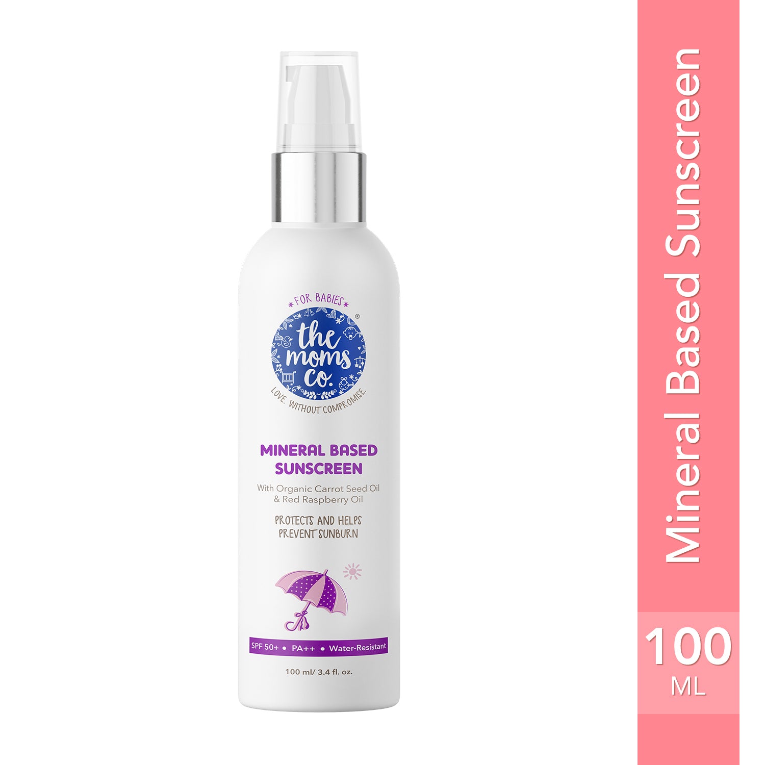 The Moms Co. Waterproof SPF 50+ Natural Mineral Based Baby Sunscreen - for UV-A & UV-B Protection with Pongamia Glabra Seed, Red Raspberry Seed and Organic Carrot Seed Oil - 100ml