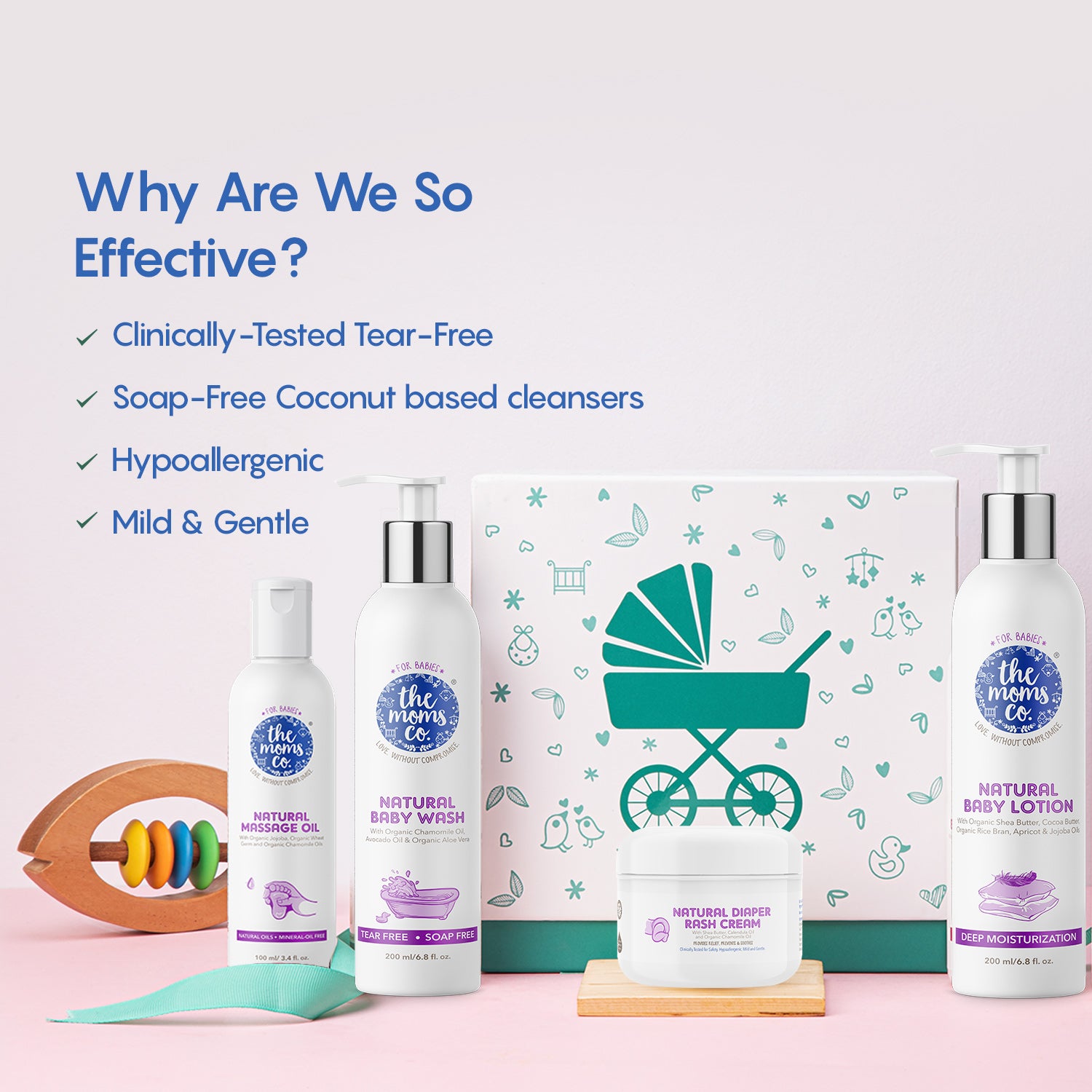The Moms Co. Baby Kit with Newborn Baby Gifts | Ribbon Gift Box with Natural & Safe Baby Shampoo, Wash, Massage Oil & Diaper Rash Cream