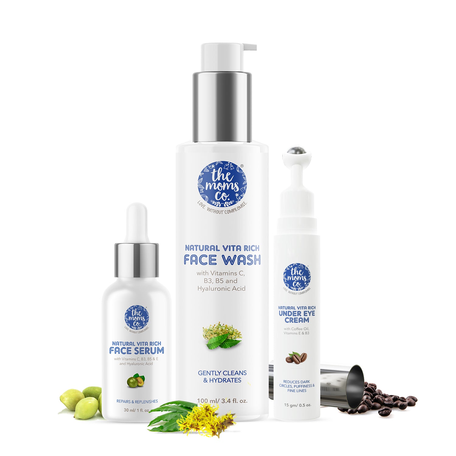 The Moms Co Natural Vita Rich Night Repair Combo with Vitamin C Face Wash, Face Serum & Under Eye Cream