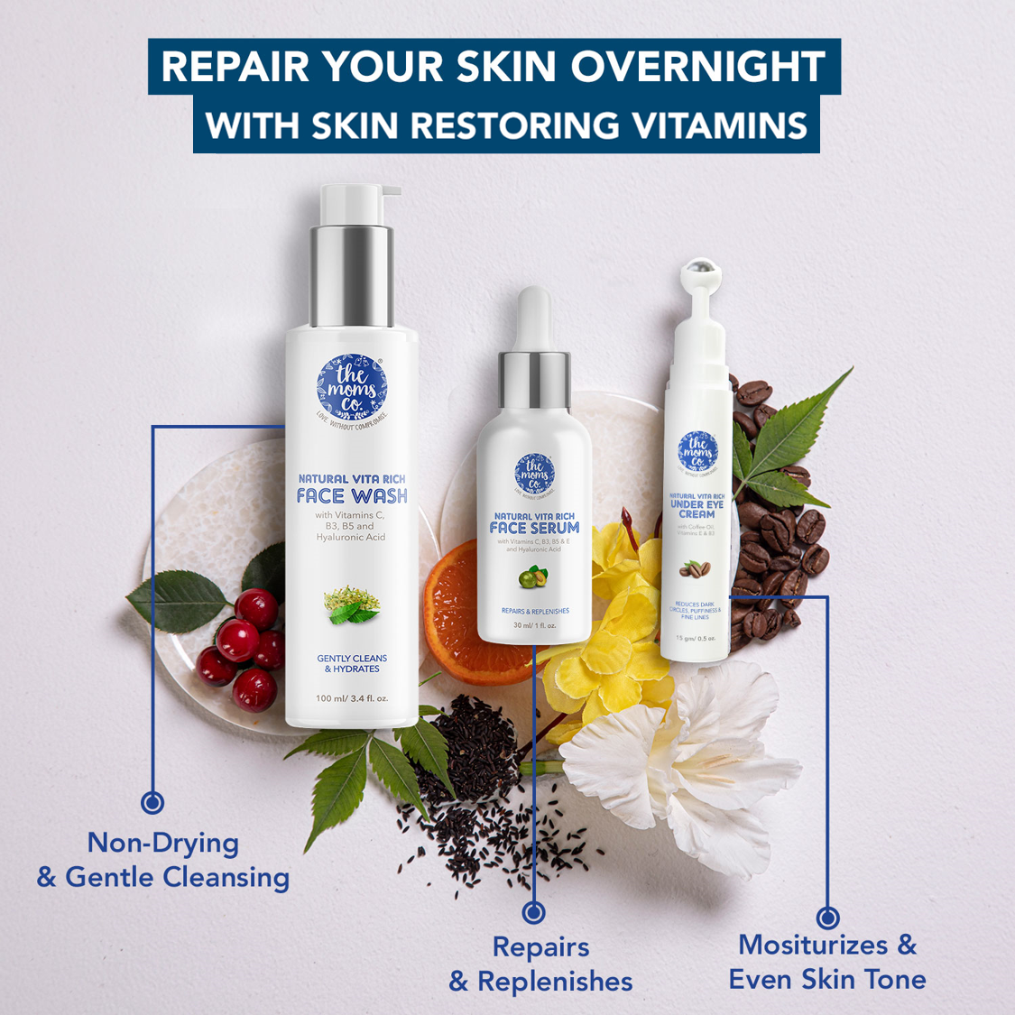 The Moms Co Natural Vita Rich Night Repair Combo with Vitamin C Face Wash, Face Serum & Under Eye Cream