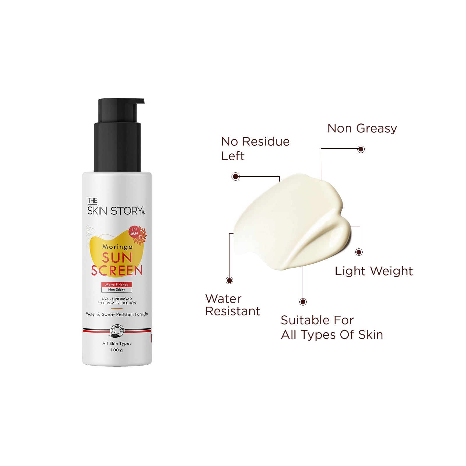The Skin Story Moringa Broad Spectrum Sunscreen SPF 50 | UVA & UVB Protection | Light Weight Cream |All Skin Types |SPF50 | Moringa Oil | 100g